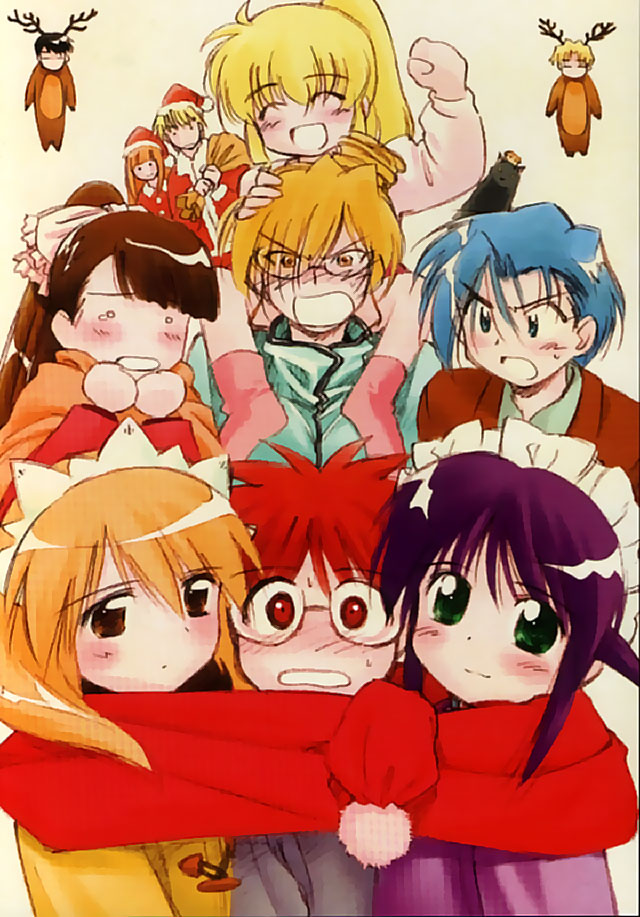 andou mahoro, andou minawa, hamaguchi toshiya, kawahara kiyomi, misato suguru, ooe chizuko, sakura miyuki, shikijou saori, todoriki rin, mahoromatic, blonde hair, blue eyes, blue hair, brown eyes, brown hair, christmas, glasses, green eyes, maid, yellow eyes