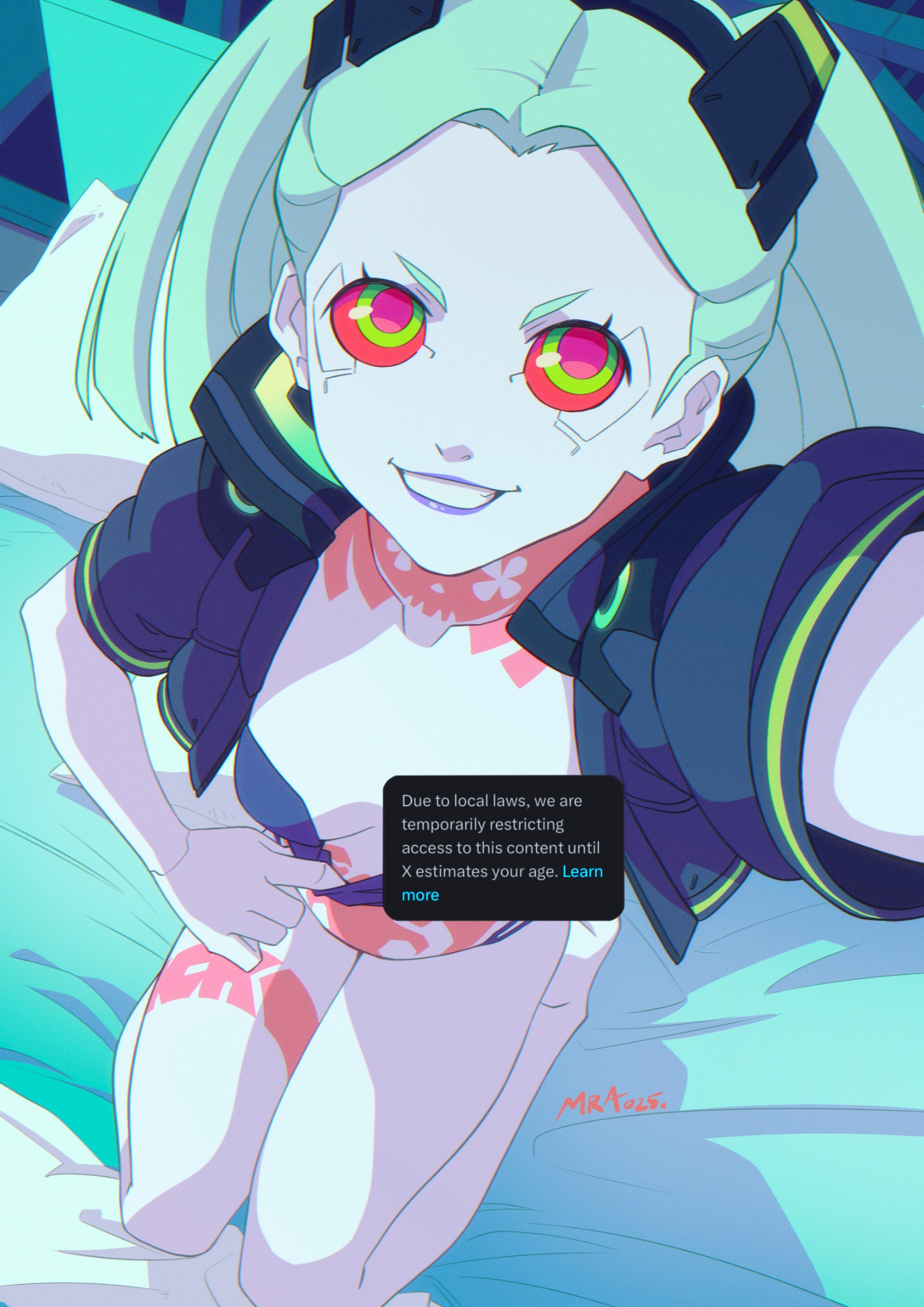 mra-artworks, rebecca (cyberpunk), cyberpunk: edgerunners, cyberpunk (series), twitter, highres, 1girl, anniversary, bare legs, barefoot, bed, black panties, bra, breasts, colored sclera, english text, green hair, grin, jacket, kneeling, looking at viewer, neck tattoo, on bed, one breast out, open clothes, open jacket, panties, pun, revealing clothes, selfie, signature, simple background, smile, solo, stomach tattoo, tattoo, twintails, underwear