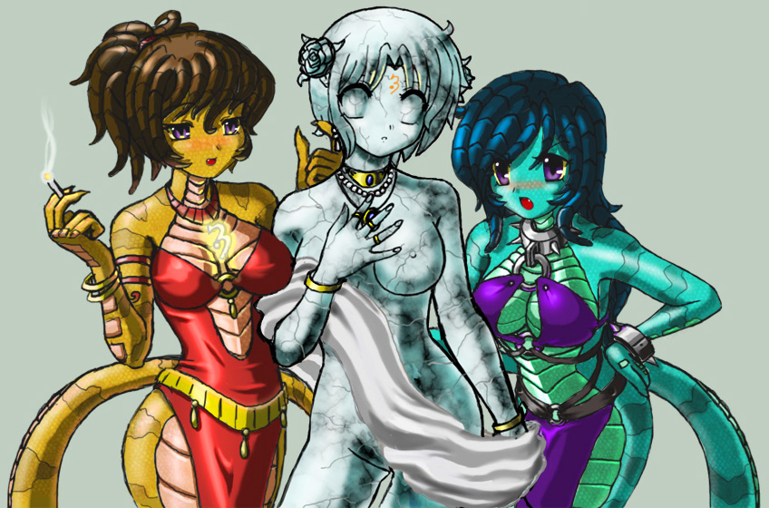 veloxiraptor, variant set, 3girls, blue hair, blush, brown eyes, brown hair, cigarette, colored nipples, colored skin, cowboy shot, dress, facial tattoo, flower, green skin, groin, hair flower, hair ornament, half-closed eyes, hand on another's head, hand on own chest, hand on own hip, hand up, high ponytail, impossible clothes, impossible dress, jewelry, lamia, legs apart, long hair, monster girl, multiple girls, necklace, nipples, no areolae, open mouth, parted bangs, ponytail, purple eyes, short hair, simple background, snake hair, solid eyes, spread fingers, stain, standing, swept bangs, tattoo, v-shaped eyebrows, white hair, white nails, white nipples, white skin, yellow skin