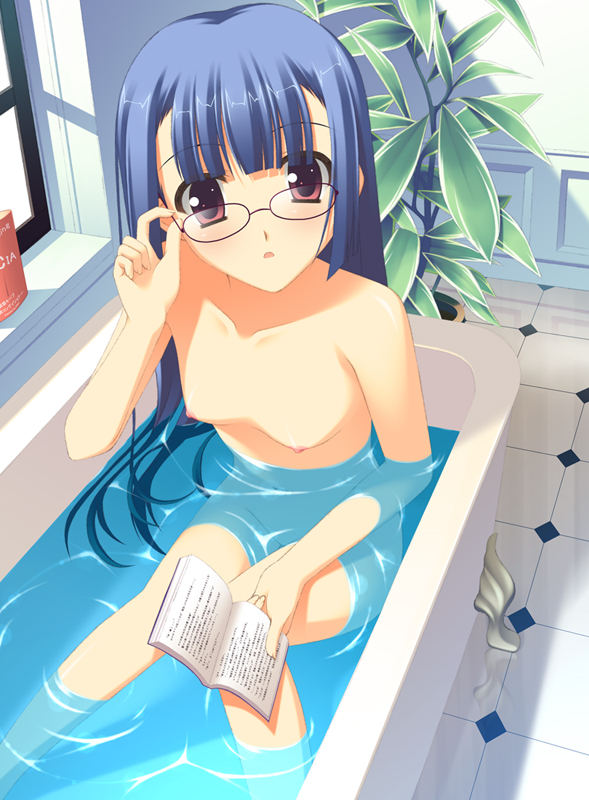 gaou (babel), original, 1girl, bath, bathing, book, breasts, female focus, flat chest, glasses, nipples, nude, sitting, solo