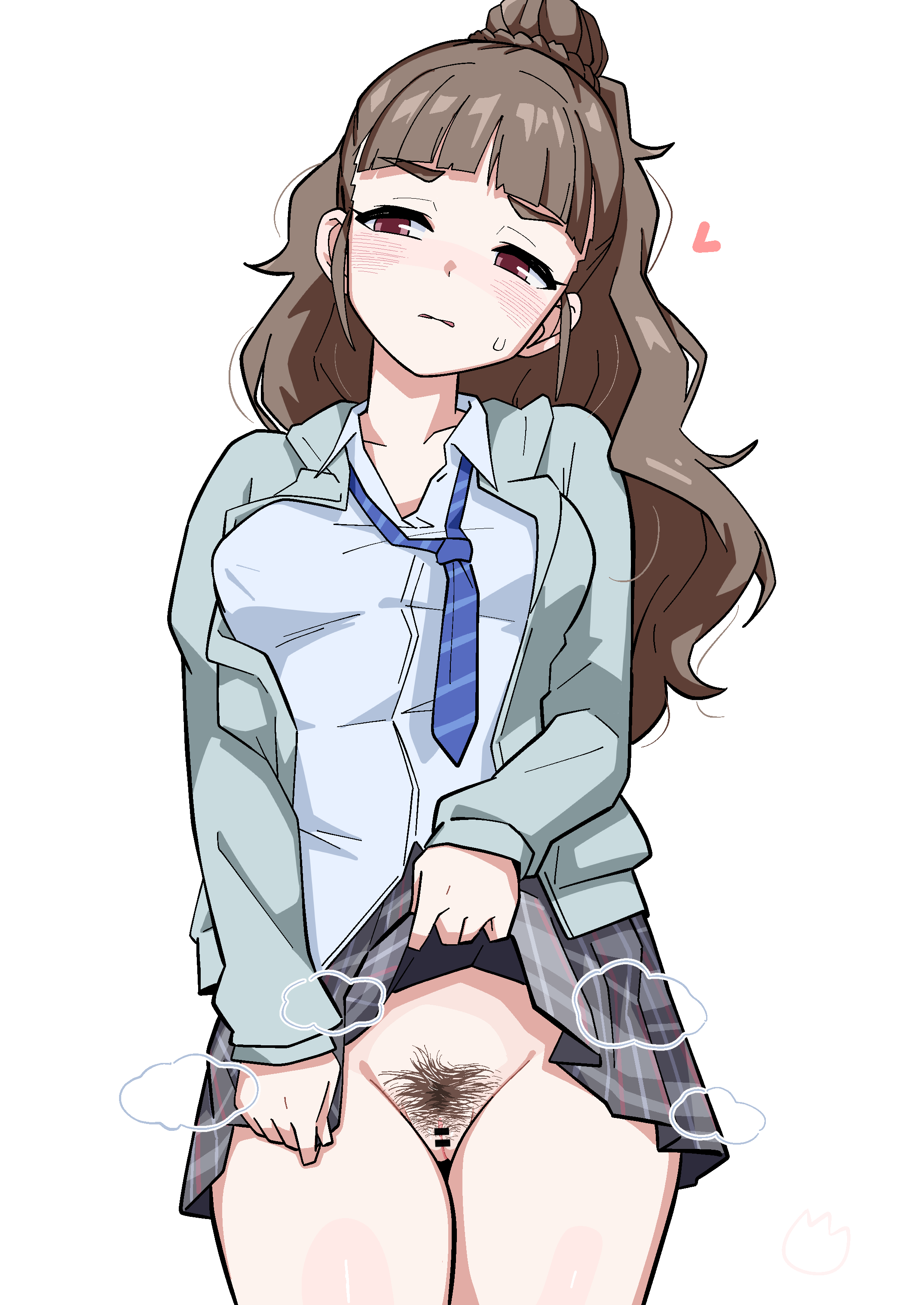 ohgi910, kamiya nao, idolmaster, idolmaster cinderella girls, absurdres, commentary request, highres, 1girl, bar censor, blush, breasts, brown hair, censored, clothes lift, female pubic hair, long hair, medium breasts, necktie, no panties, pubic hair, pussy, red eyes, school uniform, skirt, skirt lift, solo, white background