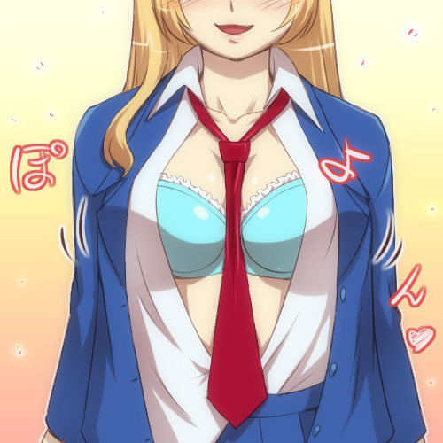 hairu, minami haruka, minami-ke, lowres, 00s, 1girl, between breasts, blazer, blonde hair, blouse, bra, breasts, collared shirt, female focus, jacket, lingerie, necktie, open clothes, open shirt, school uniform, serafuku, shirt, solo, underwear, white shirt