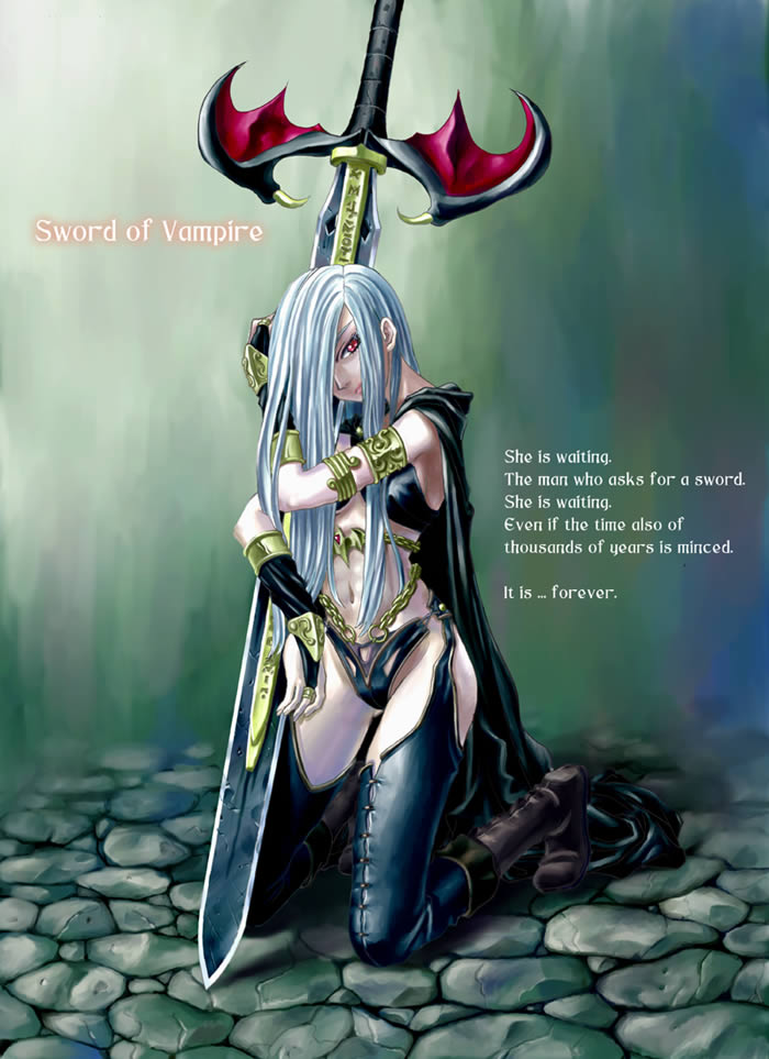 gattsun, blue hair, boots, cape, colored skin, english text, engrish text, long hair, ranguage, red eyes, solo, sword, thighhighs, weapon, white hair, white skin