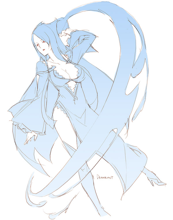 kyo (kuroichigo), machina (dragonaut), dragonaut, 00s, 1girl, blue theme, breasts, china dress, chinese clothes, cleavage, collarbone, cropped legs, dress, female focus, long hair, monochrome, simple background, sketch, solo, thighhighs, very long hair, white background