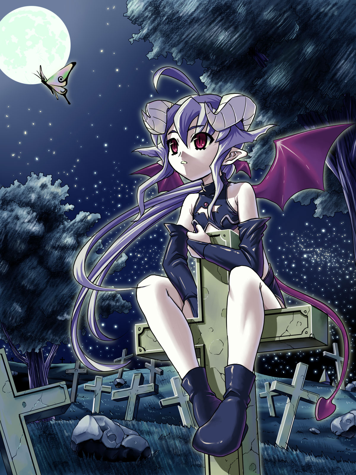 gattsun, highres, bug, butterfly, demon girl, graveyard, horns, insect, pale skin, pink eyes, purple hair, solo, tail, wings