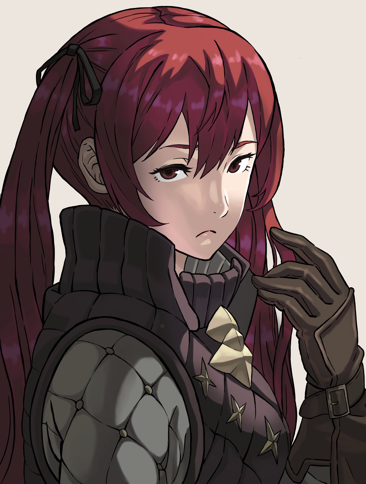 peacefulandflat, selena (fire emblem fates), fire emblem, fire emblem fates, nintendo, highres, 1girl, breasts, gambeson, gloves, hair ribbon, leather, leather gloves, long hair, looking at viewer, red eyes, red hair, ribbon, small breasts, solo, twintails, upper body