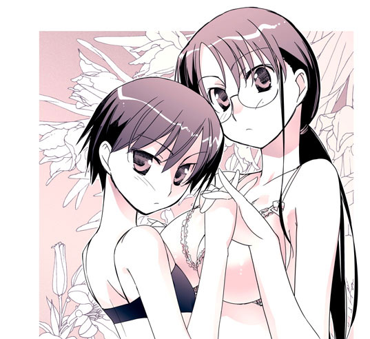 ishida akira, original, shiritsu sairyou koukou chounouryoku-bu, 2girls, ass, blush, bra, breasts, flat chest, glasses, holding hands, kasuga ikiri, large breasts, lingerie, long hair, looking back, monochrome, multiple girls, pink theme, ponytail, short hair, sports bra, sugawa fumio, underwear