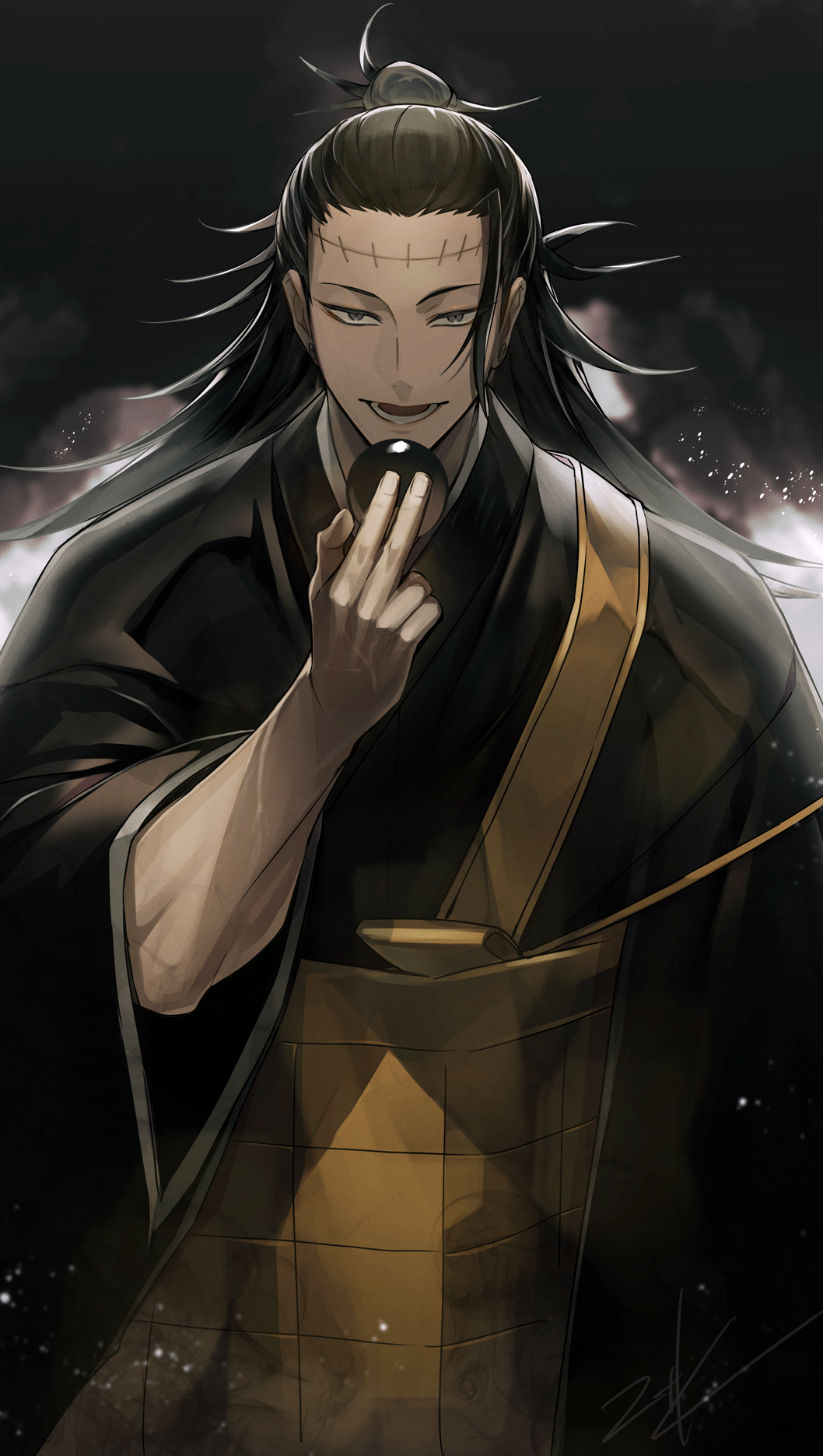 nitaka (fujikichi), getou suguru, getou suguru (kenjaku), kenjaku, jujutsu kaisen, highres, 1boy, black background, black eyes, black hair, black kimono, hair bun, hand up, holding orb, japanese clothes, kimono, long hair, looking at viewer, lower teeth only, male focus, smile, solo, stitched face, stitches, teeth, wide sleeves