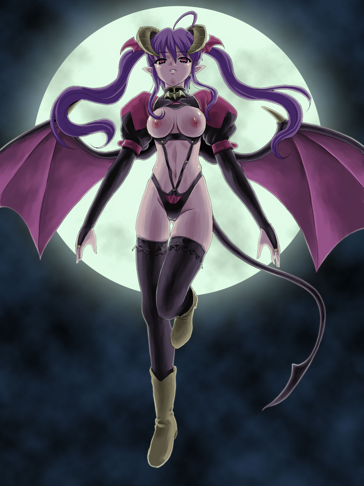 gattsun, highres, 1girl, boots, breasts, demon girl, female focus, horns, large breasts, long hair, nipples, pink eyes, purple hair, red eyes, solo, tail, thighhighs, twintails, wings