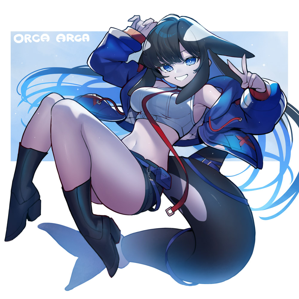 baniran dorosu, original, commentary request, 1girl, black boots, black hair, blue eyes, blue jacket, boots, bright pupils, cetacean tail, colored skin, crop top, eyelashes, fins, fish tail, full body, grey skin, high heel boots, high heels, jacket, long hair, long sleeves, midriff, navel, open clothes, open jacket, orca girl, shirt, sleeveless, sleeveless shirt, smile, solo, tail, teeth, thighs, v, white pupils