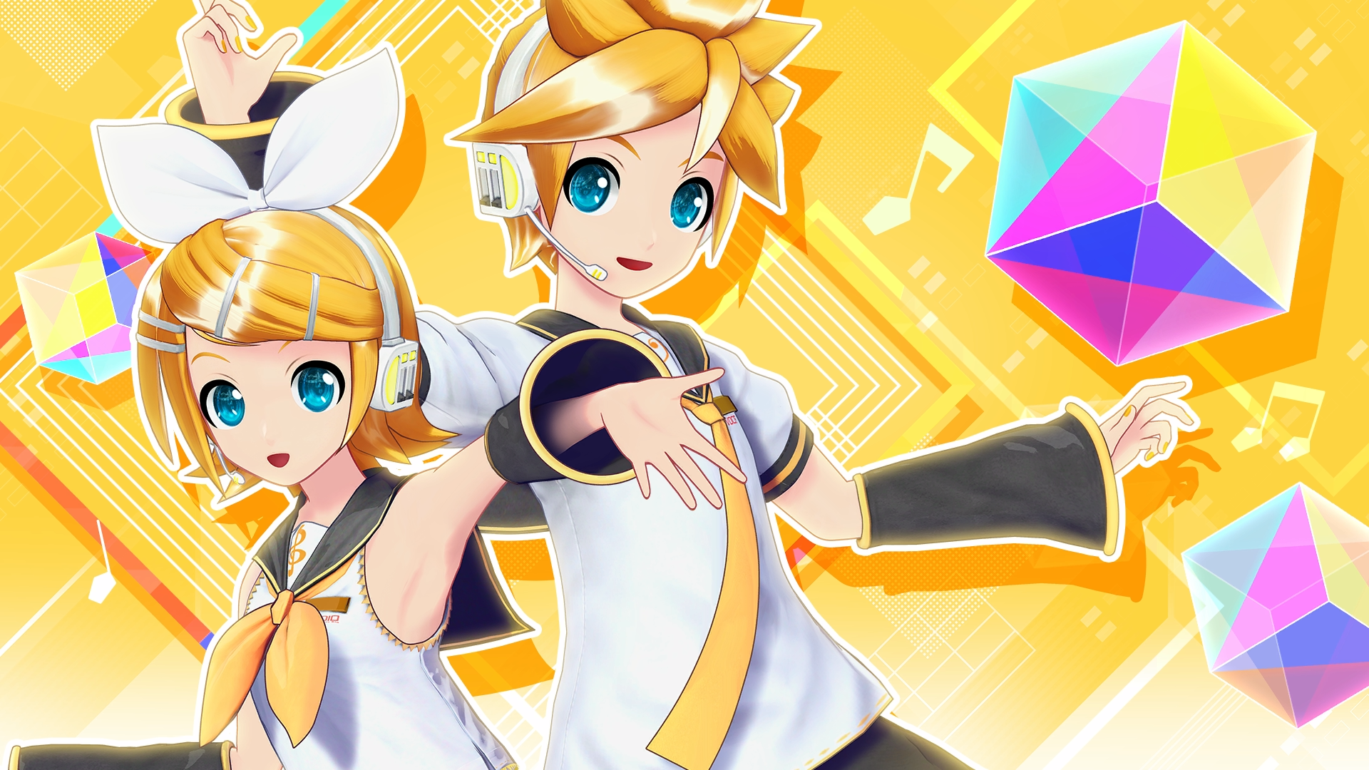 kagamine len, kagamine rin, project diva (series), vocaloid, game cg, highres, non-web source, official art, 1boy, 1girl, 3d, armband, bare shoulders, black armband, blonde hair, blue eyes, bow, facing viewer, hair between eyes, hair bow, hair ornament, headphones, looking at viewer, musical note, musical note print, necktie, open mouth, outstretched hand, project diva mega39's, reaching, reaching towards viewer, shirt, short hair, white bow, white shirt, yellow background, yellow nails