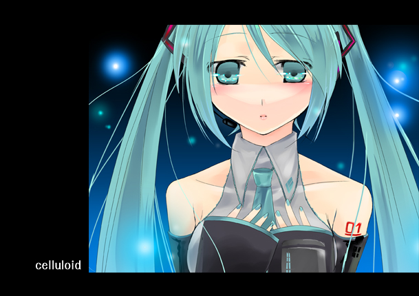 hisaba iori, hatsune miku, vocaloid, 1girl, aqua hair, female focus, solo, twintails