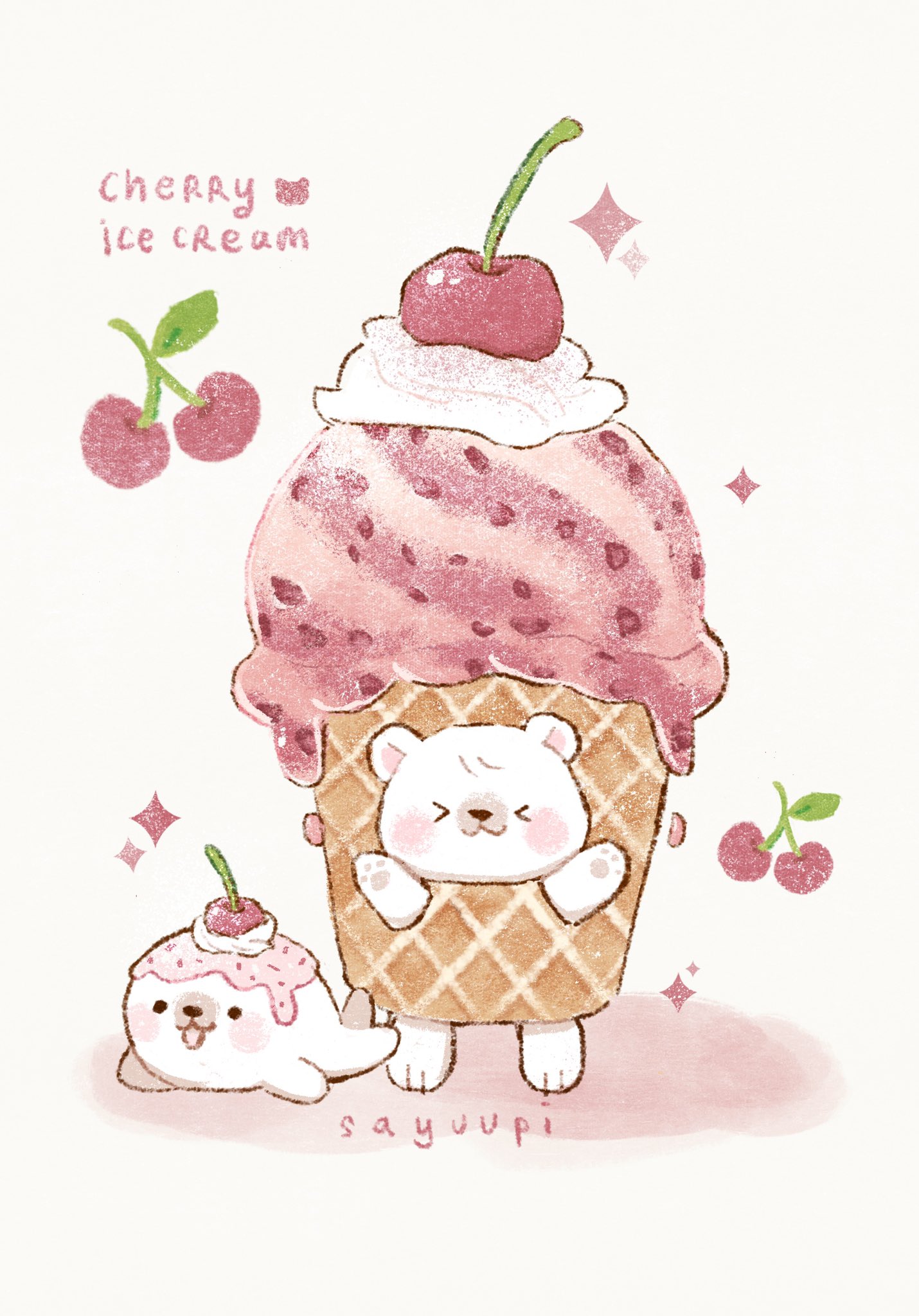 sayuupi, original, commentary, english commentary, highres, > <, animal, artist name, bear, black eyes, blush, cherry, closed mouth, food, fruit, ice cream, no humans, open mouth, polar bear, seal (animal), simple background, smile, whipped cream