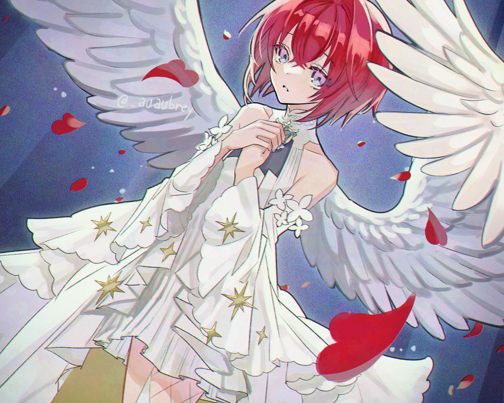 aubrey (kyarairo), ange katrina, nijisanji, commentary request, 1girl, angel wings, bare shoulders, blue background, collarbone, collared dress, cowboy shot, crossed bangs, detached sleeves, dress, dutch angle, falling petals, feathered wings, fishnet pantyhose, fishnets, hair between eyes, halter dress, halterneck, hands on own chest, hands up, long sleeves, looking at viewer, official alternate costume, own hands together, pantyhose, petals, purple eyes, red hair, red petals, short dress, short hair, single leg pantyhose, solo, twitter username, virtual youtuber, white dress, white sleeves, white wings, wide sleeves, wings