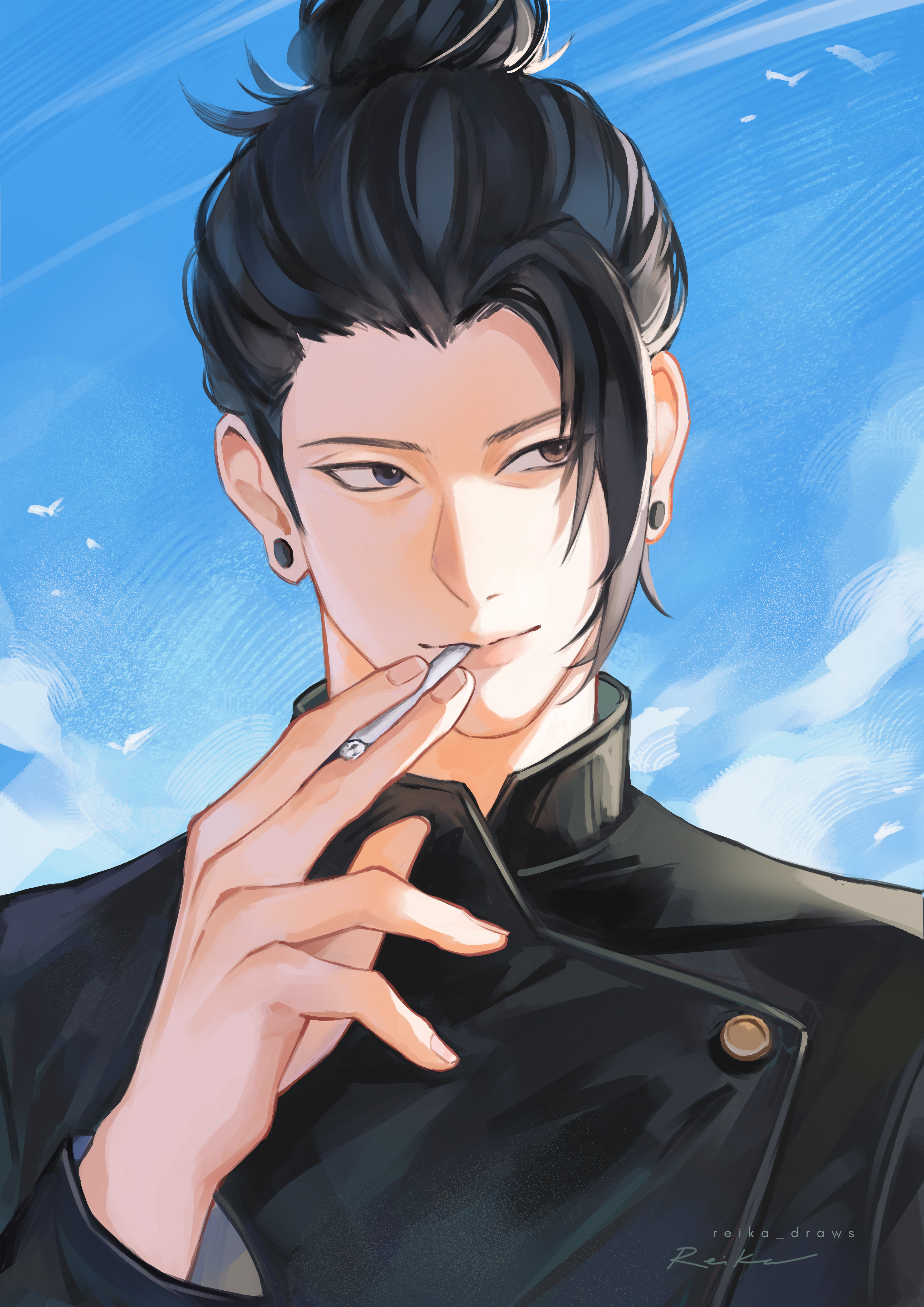 reika (reikadraws), getou suguru, jujutsu kaisen, absurdres, highres, 1boy, black hair, black jacket, blue sky, buttons, cigarette, closed mouth, ear piercing, hair bun, high collar, holding, holding cigarette, jacket, looking to the side, male focus, medium hair, piercing, sky, smile, solo, upper body