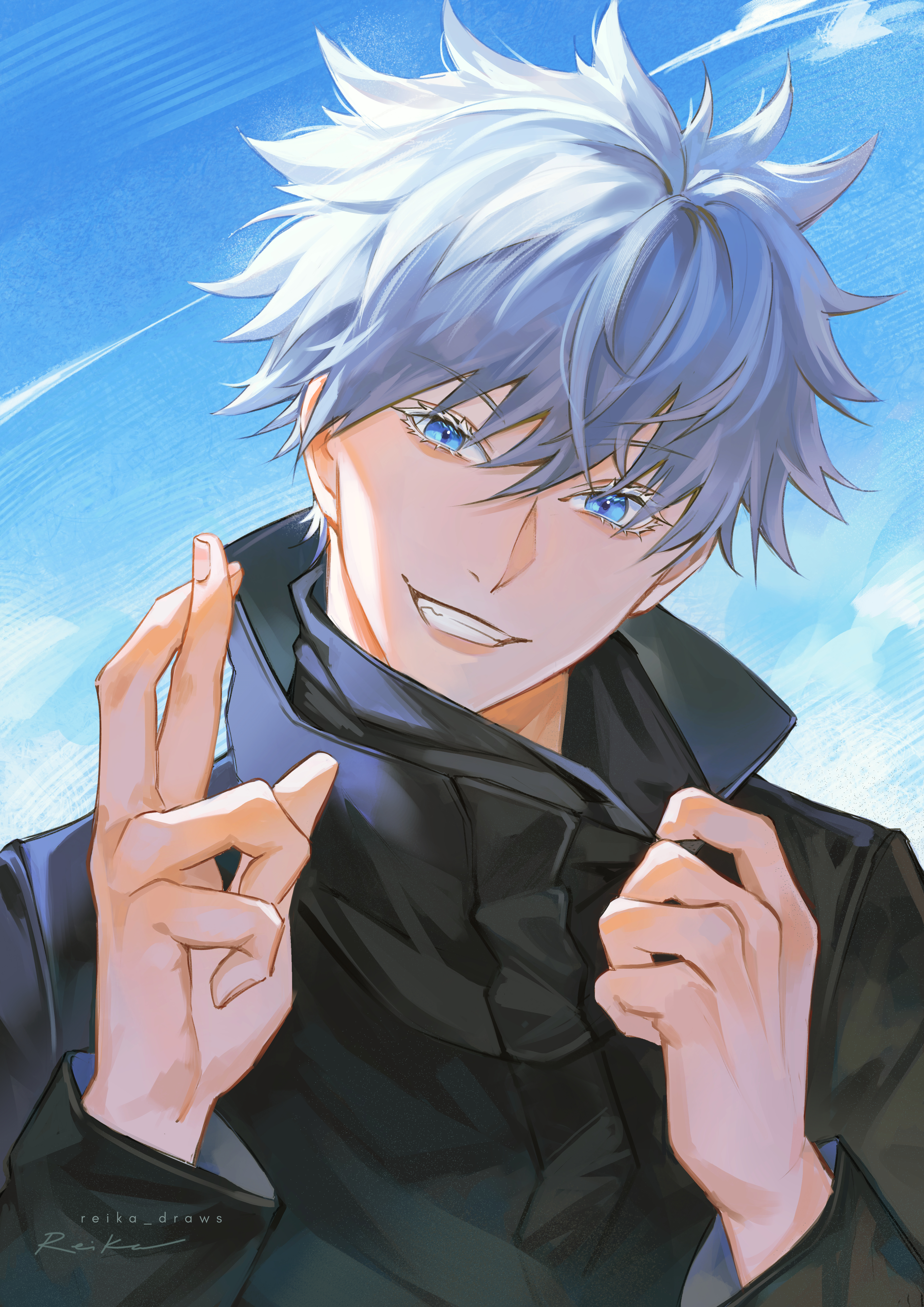 reika (reikadraws), gojou satoru, jujutsu kaisen, absurdres, highres, 1boy, artist name, black jacket, blue eyes, blue sky, buttons, colored eyelashes, grey hair, grin, hair between eyes, hands up, high collar, jacket, looking at viewer, male focus, short hair, sky, smile, solo, teeth, twitter username, upper body, white eyelashes