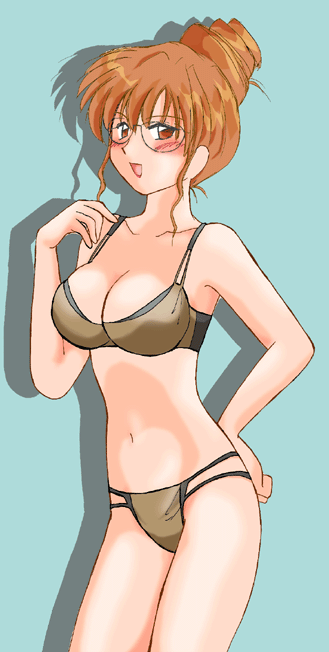 shikijou saori, mahoromatic, bra, brown eyes, brown hair, glasses, panties, underwear