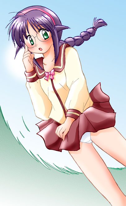 andou mahoro, mahoromatic, blue hair, glasses, green eyes, panties, school uniform, serafuku, underwear