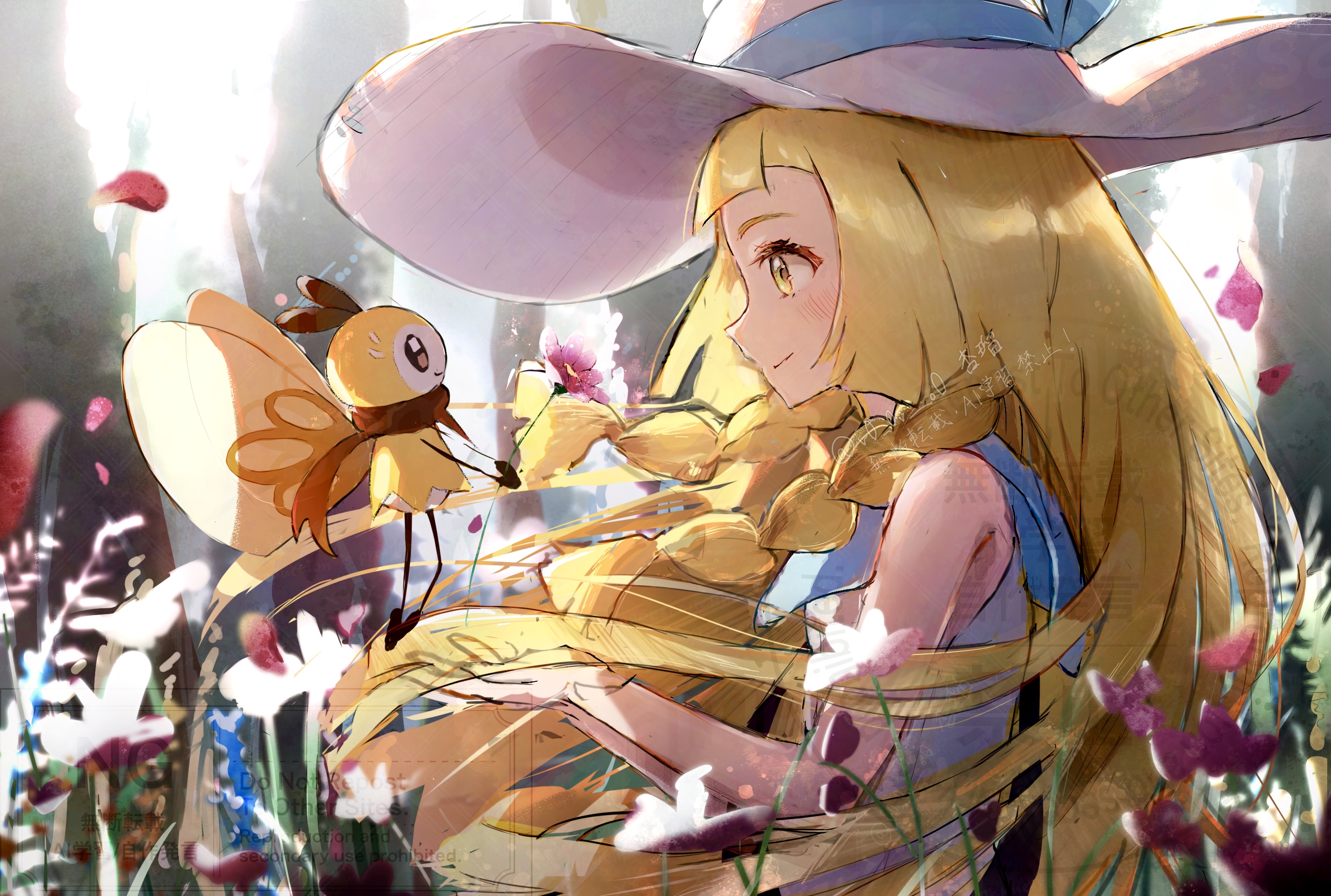 anzu (v0 0v o0), cutiefly, lillie (pokemon), nintendo, pokemon, pokemon sm, commentary request, highres, 1girl, blonde hair, blunt bangs, blush, braid, closed mouth, collared dress, dress, flower, gen 7 pokemon, green eyes, hat, long hair, pokemon (creature), sleeveless, sleeveless dress, smile, sun hat, sundress, twin braids, upper body, white dress, white hat