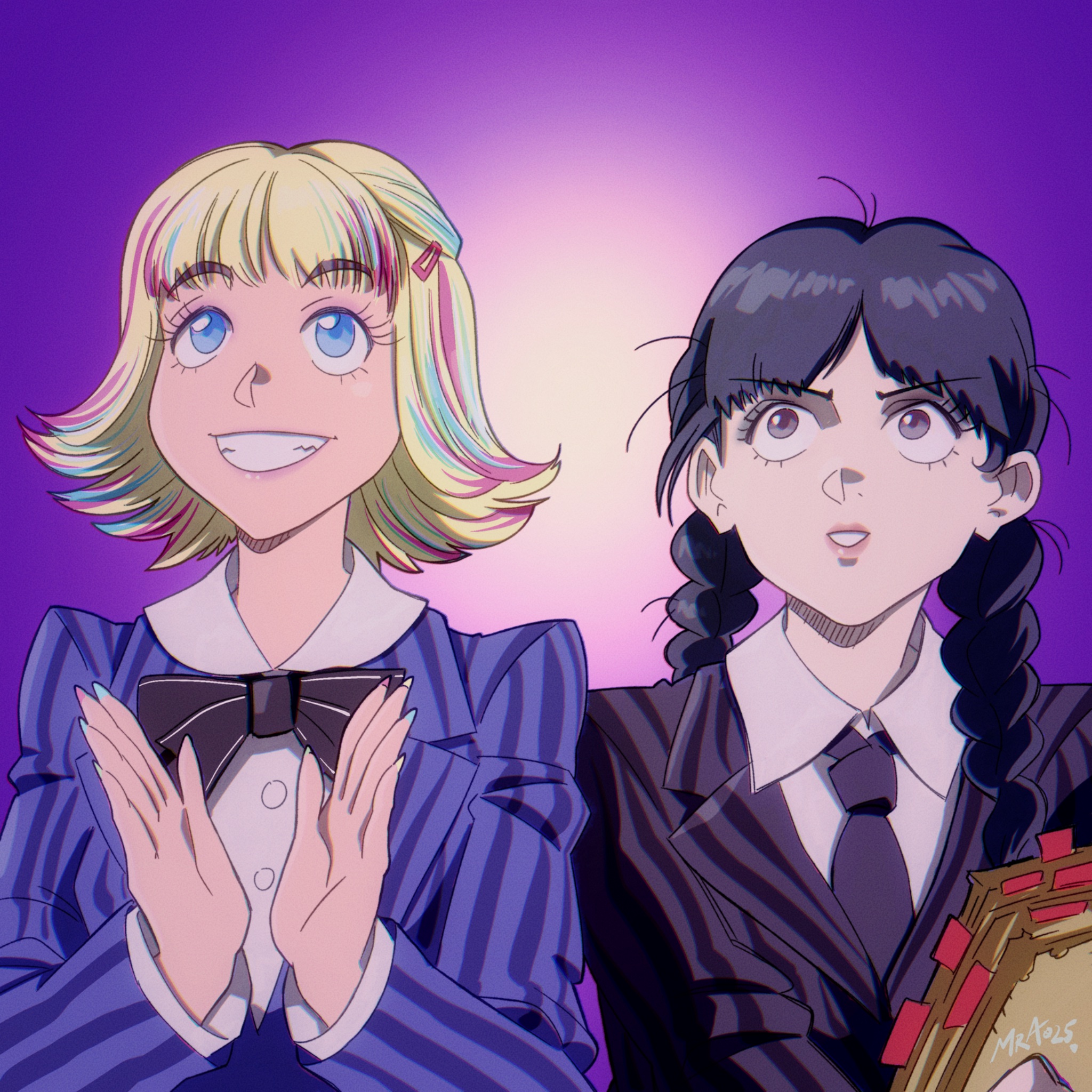 enid sinclair, wednesday addams, addams family, wednesday (netflix), highres, redrawn, 2girls, black eyes, black hair, black jacket, black necktie, blonde hair, blue jacket, blue vest, blurry, braid, buttons, clapping, grin, jacket, long hair, long sleeves, looking up, medium hair, multicolored hair, multiple girls, necktie, parted bangs, purple background, smile, striped clothes, striped jacket, surprised, twin braids, two-tone hair, upper body, vest
