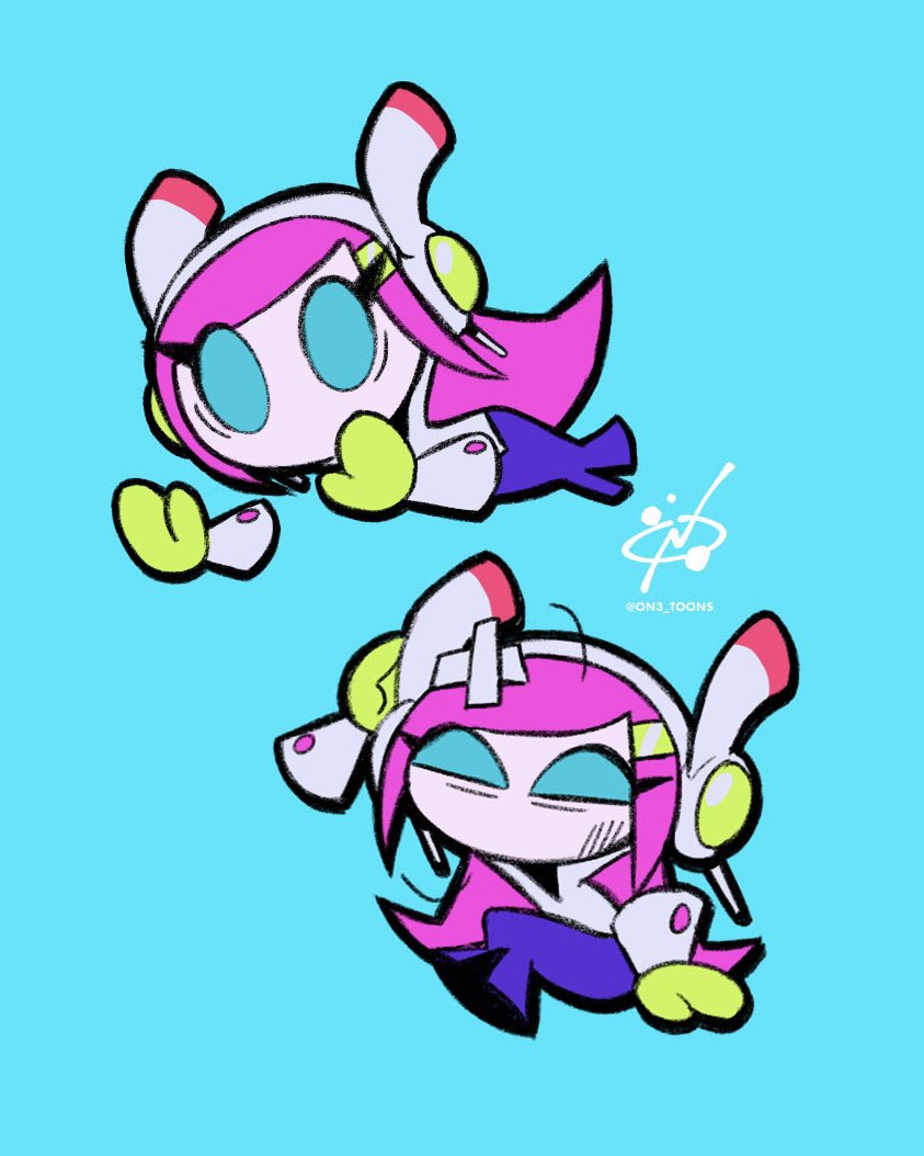 on3 toons, susie (kirby), kirby: planet robobot, kirby (series), kirby air ride, kirby air riders, nintendo, commentary, 1girl, 2025, artist name, blush, closed eyes, crossed arms, crossed bandaids, female focus, fleeing, floating, gameplay mechanics, gloves, hair ornament, hairclip, hand on own head, japanese text, long hair, notice lines, official alternate costume, pain, pink hair, rayman limbs, robot, shadow, sidelocks, simple background, yellow gloves