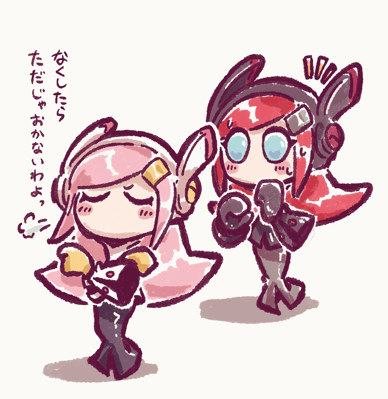 nanami (13mimi), parallel susie, susie (kirby), kirby: planet robobot, kirby (series), kirby air ride, kirby air riders, nintendo, team kirby clash deluxe, commentary, english commentary, highres, translated, 2025, 2girls, black gloves, black skirt, blush, closed eyes, crossed arms, dual persona, floating, gloves, hair ornament, hairclip, japanese text, long hair, multiple girls, nervous sweating, notice lines, official alternate costume, pink hair, rayman limbs, red hair, robot, shadow, sidelocks, simple background, skirt, sweat, yellow gloves