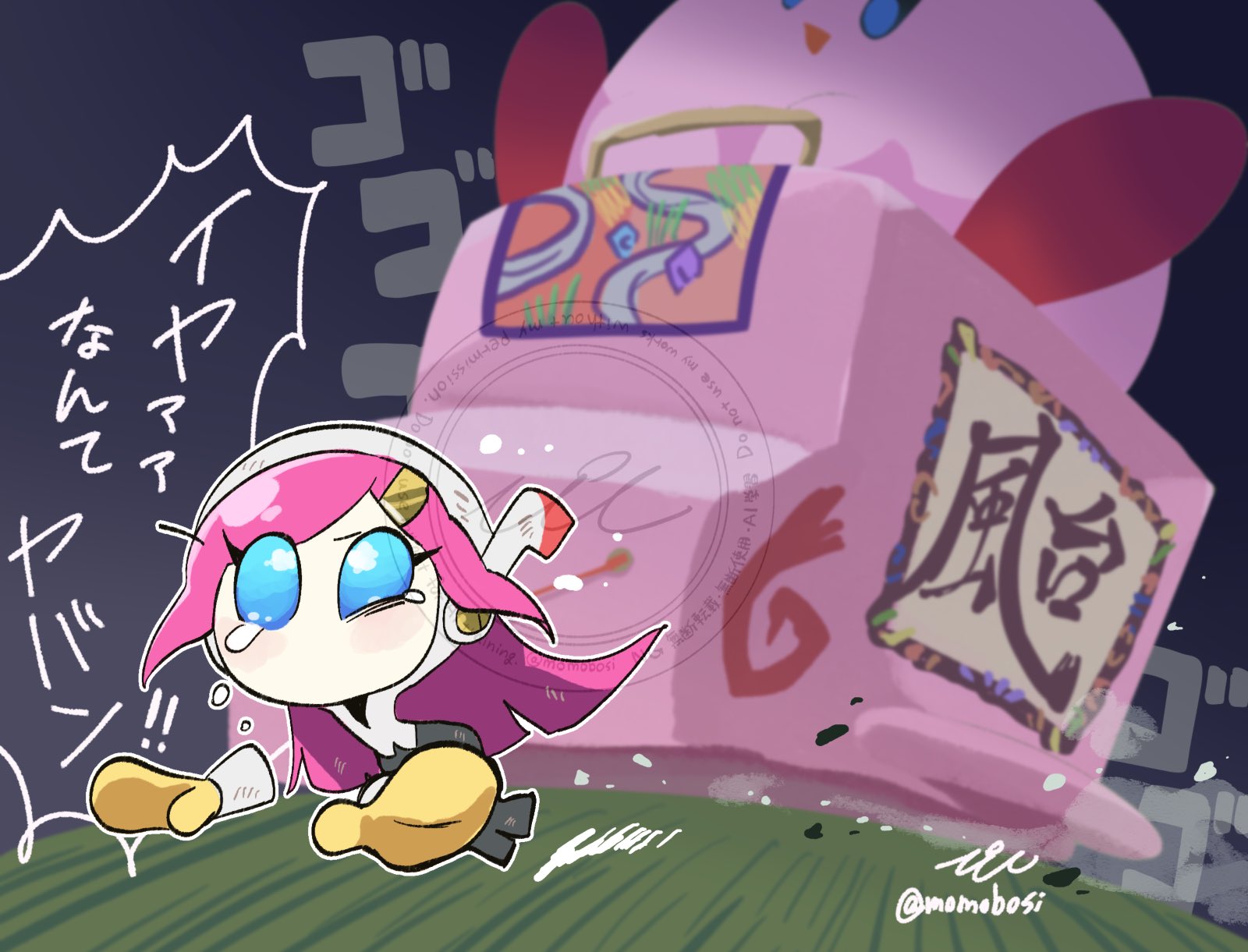 momobosi, kirby, susie (kirby), kirby (series), kirby air ride, kirby air riders, nintendo, commentary, english commentary, highres, translated, 1boy, 1girl, 2025, artist name, black skirt, blue eyes, fleeing, gameplay mechanics, giant, gloves, hair ornament, hairclip, happy, head gear, japanese text, long hair, open mouth, pink hair, rayman limbs, riding, robot, running, scared, size difference, skirt, tears, wagon, wagon star, yellow gloves