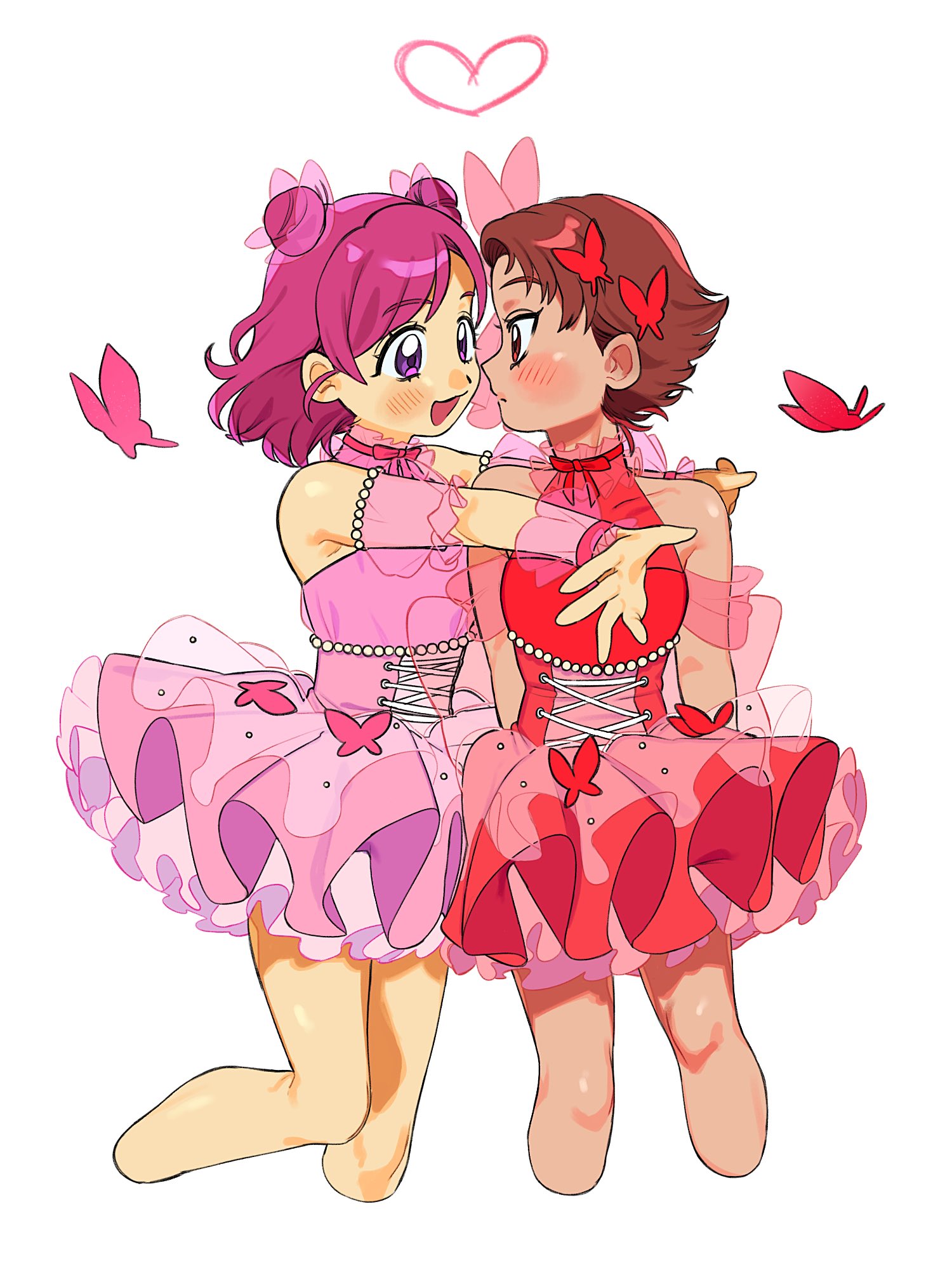 natsuki rin, yumehara nozomi, precure, yes! precure 5, yes! precure 5 gogo!, highres, 2girls, blush, bow, brown hair, bug, butterfly, butterfly hair ornament, closed mouth, cpchudayo, detached sleeves, double bun, dress, frilled wrist cuffs, frills, gem, hair bun, hair ornament, hands on another's shoulders, hug, insect, layered dress, looking at another, multiple girls, natsuki rin (lafary), open mouth, pearl (gemstone), pink butterfly, pink dress, pink hair, pink wrist cuffs, purple eyes, red butterfly, red dress, red eyes, see-through clothes, see-through sleeves, short hair, simple background, tan, very short hair, white background, wrist cuffs, yumehara nozomi (lafary)