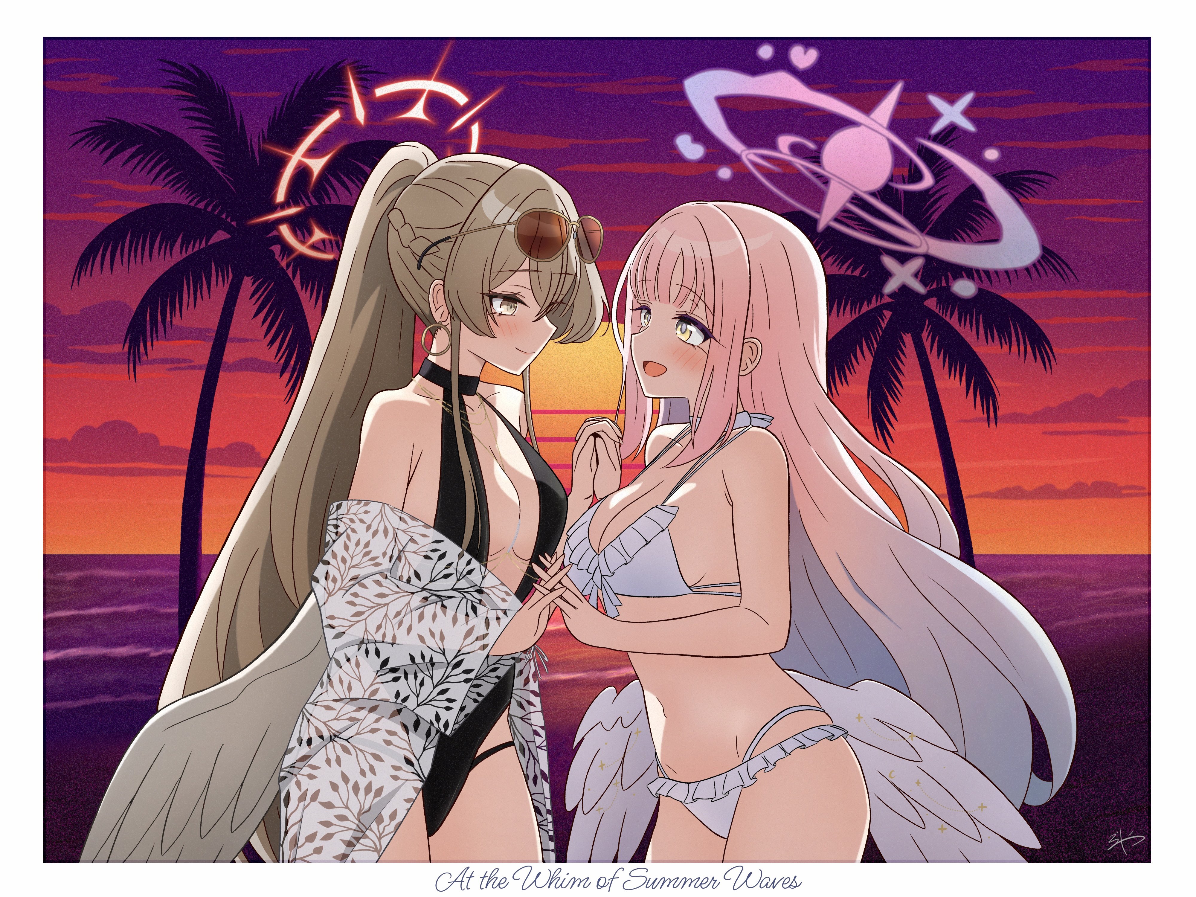 gosyamadaiji, mika (blue archive), mika (swimsuit) (blue archive), nagisa (blue archive), nagisa (swimsuit) (blue archive), blue archive, absurdres, highres, bikini, blonde hair, eyewear on head, halo, palm tree, pink hair, sky, swimsuit, tea party (blue archive), tree, wings, yellow eyes