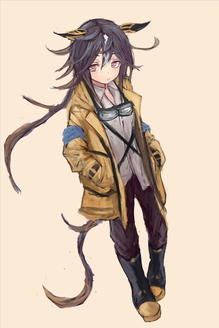 yanagi wakana, stay gold (umamusume), umamusume, 1girl, animal ears, black hair, black pants, brown eyes, closed mouth, coat, collared shirt, ear covers, goggles, goggles around neck, hair between eyes, hands in pockets, horse ears, horse girl, horse tail, jacket, long hair, multicolored hair, open clothes, open jacket, pants, shirt, simple background, solo, tail, white hair, yellow coat, yellow jacket