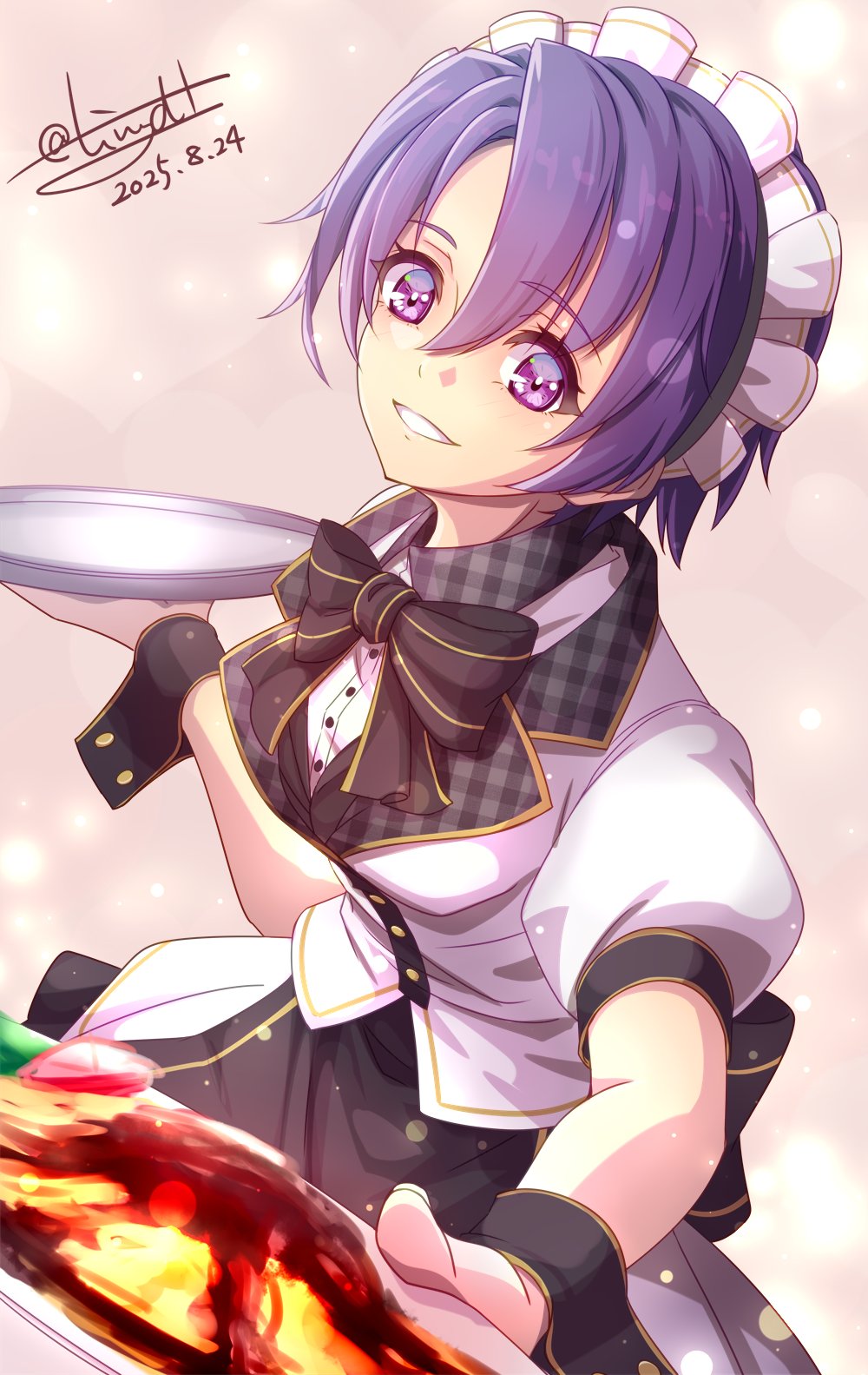 tinybiard, kloe rinz, eiyuu densetsu, sora no kiseki, highres, 1girl, back bow, black bow, black wrist cuffs, bob cut, bow, bowtie, dated, hair between eyes, holding, holding plate, maid headdress, parted bangs, pink background, plate, purple eyes, purple hair, signature, simple background, smile, solo, twitter username, upper body, waitress, wrist cuffs