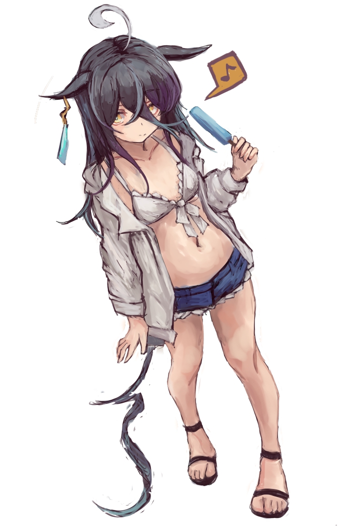 yanagi wakana, manhattan cafe (umamusume), umamusume, 1girl, ahoge, animal ears, bikini, black hair, breasts, closed mouth, collarbone, denim, denim shorts, ear tag, earrings, food, hair between eyes, holding, holding food, holding popsicle, horse ears, horse girl, horse tail, jewelry, long bangs, long hair, long hair between eyes, long sleeves, looking at viewer, multicolored hair, navel, open clothes, popsicle, sandals, shirt, shorts, simple background, single earring, small breasts, smile, solo, swimsuit, tail, thighhighs, white background, white bikini, white hair, white shirt, yellow eyes