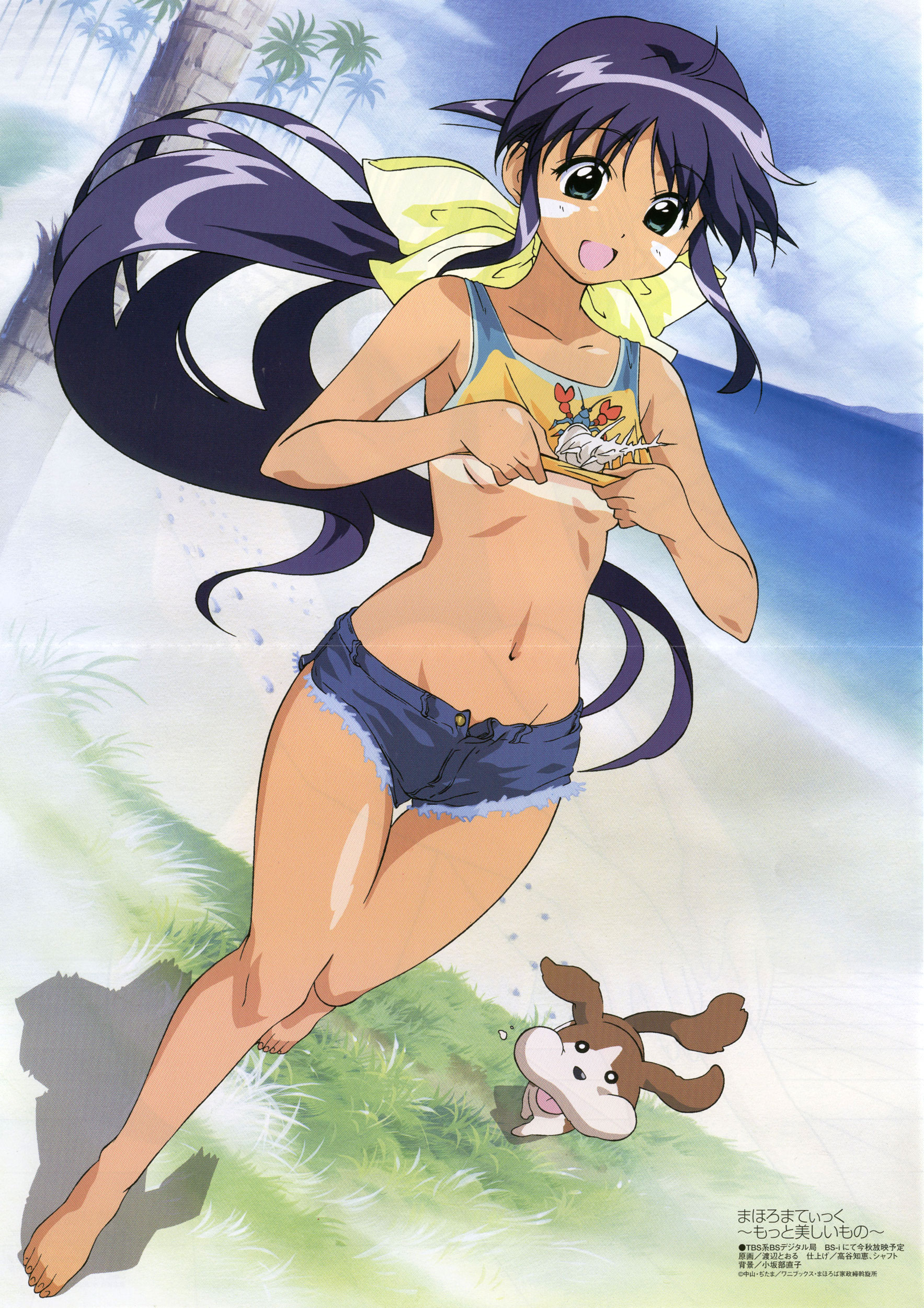 andou mahoro, guri (mahoromatic), gainax, mahoromatic, self exposure, absurdres, artist request, highres, scan, scan artifacts, tagme, 1girl, android, animal, barefoot, beach, bikini tan, blue hair, breasts, clothes lift, cloud, conch, copyright name, cutoffs, denim, denim shorts, dog, dutch angle, feet, green eyes, hermit crab, high ponytail, lifting own clothes, long hair, midriff, no bra, ocean, outdoors, palm tree, ponytail, shirt lift, short shorts, shorts, sky, small breasts, tan, tank top, tanline, tree, unbuttoned, very long hair
