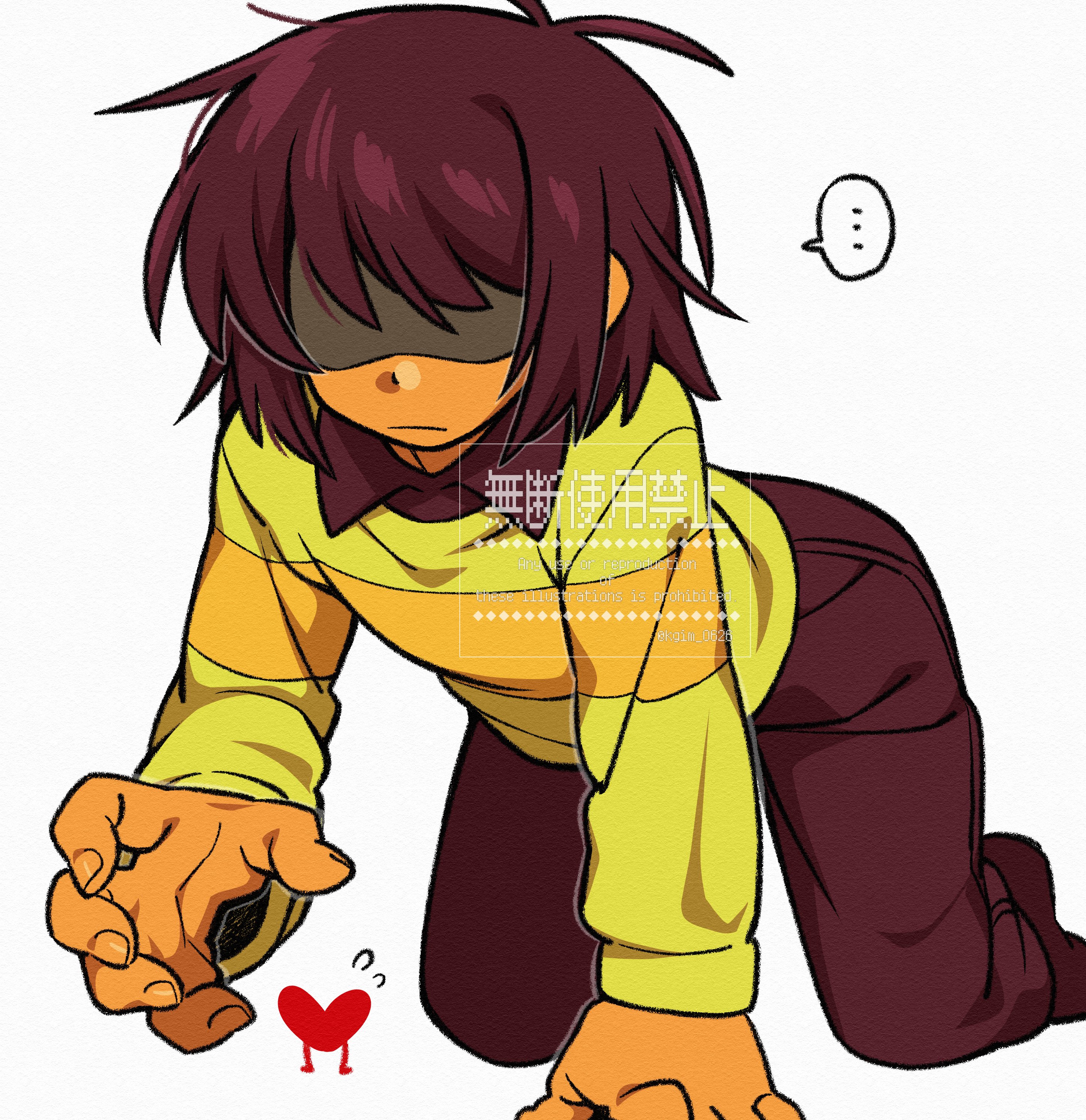 kageimo, kris (deltarune), soul (deltarune), deltarune, utdr (toby fox), absurdres, highres, …, 1other, all fours, antenna hair, arm support, brown hair, brown pants, brown shirt, brown shoes, closed mouth, collared shirt, cowlick, film grain, flying sweatdrops, full body, heart, messy hair, no eyes, orange sweater, other focus, pants, shaded face, shirt, shoes, short hair, simple background, solo, spoken ellipsis, striped clothes, striped sweater, sweater, swept bangs, two-tone sweater, watermark, white background, yellow sweater