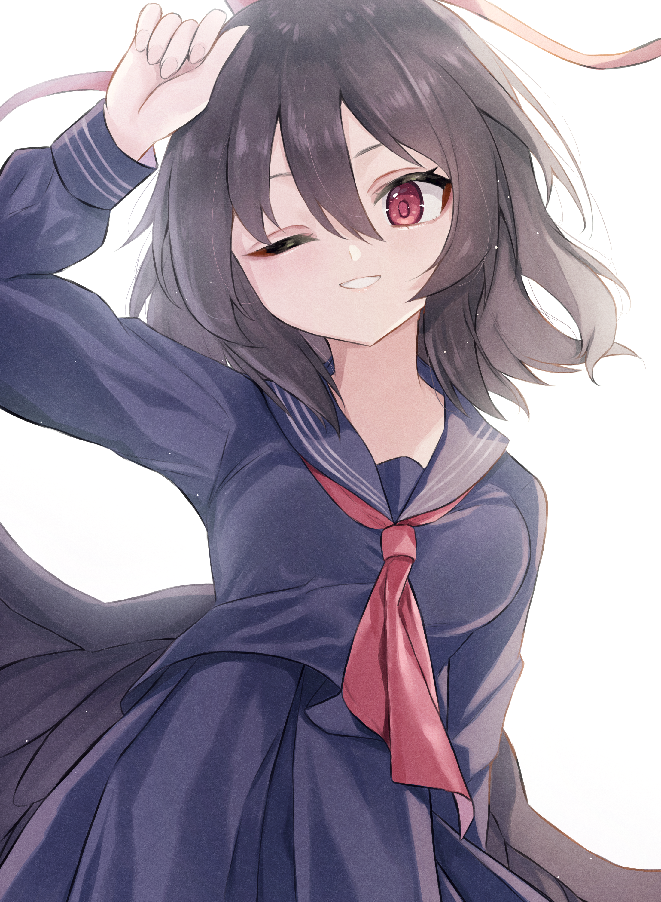 katsukare, shameimaru aya, touhou, absurdres, commentary request, highres, 1girl, ;d, arm behind back, arm up, black hair, black wings, blue serafuku, blue shirt, blue skirt, blush, breasts, feathered wings, from below, grin, hair between eyes, hat, long sleeves, looking at viewer, looking down, medium breasts, medium hair, neckerchief, one eye closed, open mouth, pleated skirt, red eyes, red neckerchief, school uniform, serafuku, shirt, skirt, smile, solo, tokin hat, wings