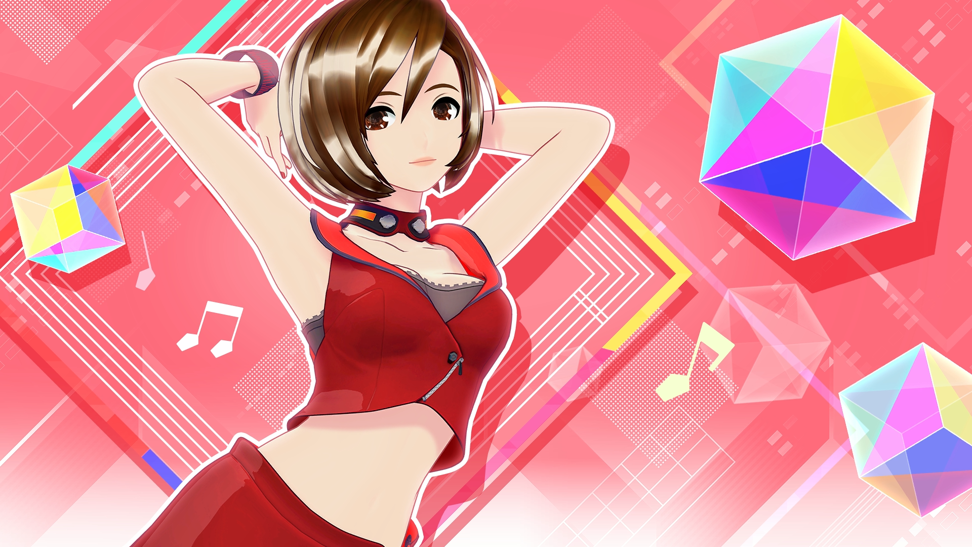 meiko (vocaloid), meiko (vocaloid3), project diva (series), vocaloid, game cg, highres, non-web source, official art, 1girl, 3d, armpits, arms behind head, arms up, bare shoulders, breasts, brown eyes, brown hair, cleavage, crop top, crop top overhang, looking at viewer, midriff, project diva mega39's, red background, short hair, shorts, smile, solo