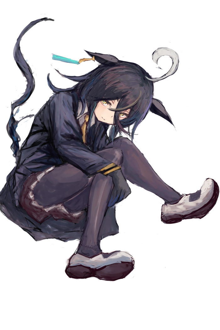 yanagi wakana, manhattan cafe (umamusume), umamusume, 1girl, ahoge, animal ears, black choker, black gloves, black hair, black jacket, black pantyhose, black skirt, choker, closed mouth, collared shirt, ear tag, earrings, gloves, hair between eyes, horse ears, horse girl, horse tail, jacket, jewelry, long bangs, long hair, long hair between eyes, long sleeves, looking at viewer, multicolored hair, necktie, pantyhose, pleated skirt, shirt, shoes, simple background, single earring, skirt, solo, sweater vest, tail, white background, white hair, white shirt, yellow eyes, yellow necktie