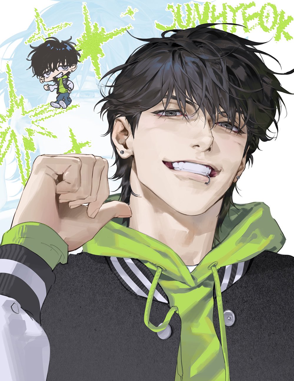 cheezeyoon3, character request, commentary request, copyright request, highres, korean commentary, 1boy, black eyes, black hair, chibi, chibi inset, earrings, eyelashes, fangs, fingernails, green hoodie, grin, hood, hoodie, jewelry, lips, long sleeves, looking at viewer, male focus, nose, pointing, pointing at self, short hair, smile, solo, teeth, upper body