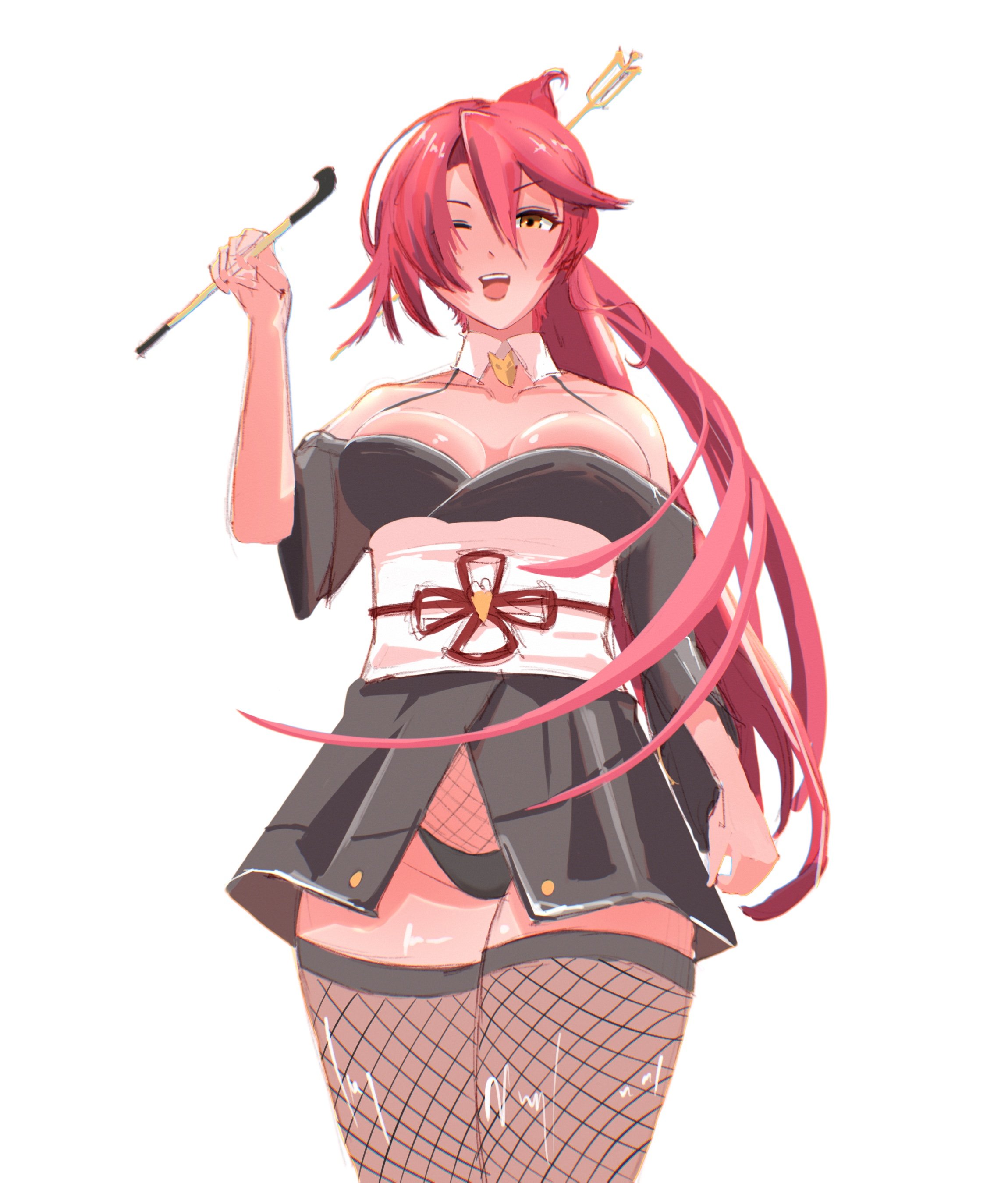 r thors, sara valestein, eiyuu densetsu, hajimari no kiseki, absurdres, commentary, english commentary, highres, 1girl, breasts, cleavage, detached collar, detached sleeves, double-parted bangs, fishnet thighhighs, fishnets, floating hair, hair between eyes, hair ornament, hair over one eye, hairpin, japanese clothes, kiseru, large breasts, long hair, looking at viewer, one eye closed, open mouth, pink hair, ponytail, short sleeves, simple background, smile, smoking pipe, solo, thighhighs, upper body, white background, yellow eyes