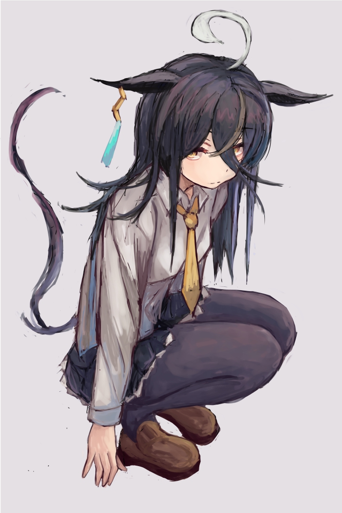yanagi wakana, manhattan cafe (umamusume), umamusume, 1girl, ahoge, animal ears, black hair, black pantyhose, blue skirt, blush, closed mouth, collared shirt, ear tag, earrings, hair between eyes, horse ears, horse girl, horse tail, jewelry, long bangs, long hair, long hair between eyes, long sleeves, looking at viewer, multicolored hair, necktie, pantyhose, pleated skirt, shirt, shoes, simple background, single earring, skirt, solo, squatting, tail, white hair, white shirt, yellow eyes, yellow necktie
