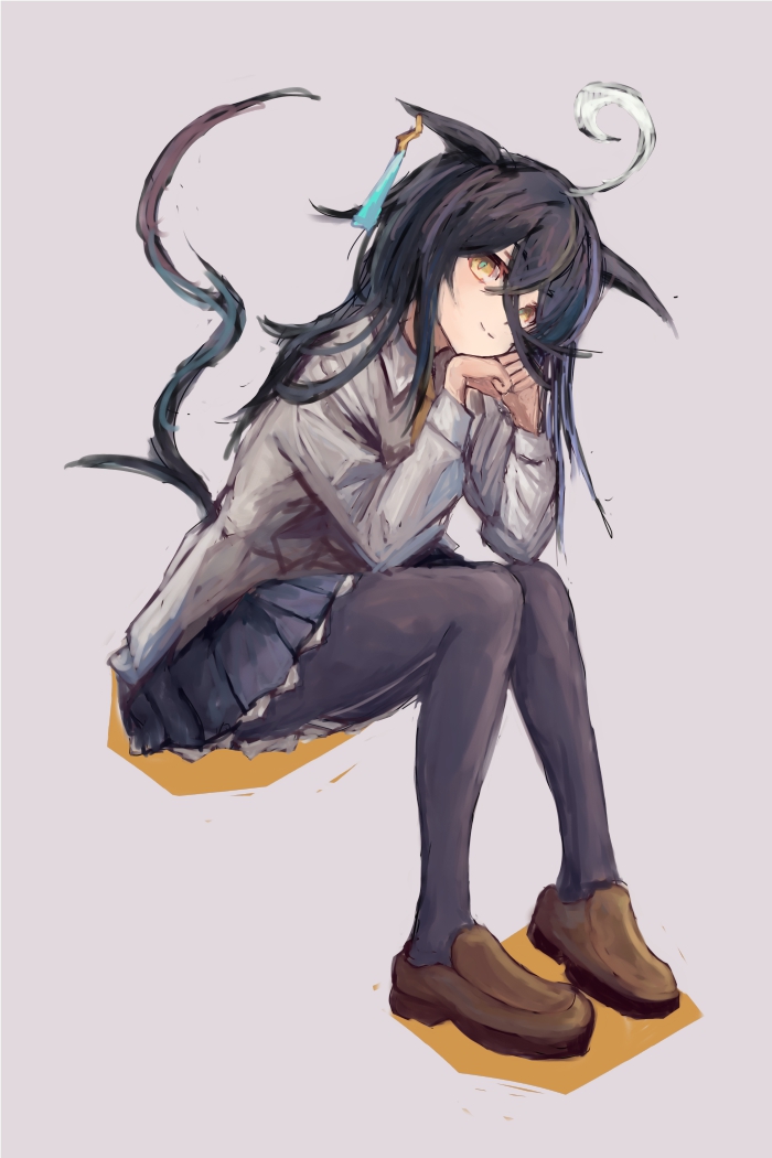 yanagi wakana, manhattan cafe (umamusume), umamusume, 1girl, ahoge, animal ears, black hair, black pantyhose, blue skirt, blush, closed mouth, collared shirt, ear tag, earrings, hair between eyes, horse ears, horse girl, horse tail, jewelry, long bangs, long hair, long hair between eyes, long sleeves, looking at viewer, multicolored hair, necktie, pantyhose, pleated skirt, shirt, shoes, simple background, single earring, skirt, smile, solo, tail, white hair, white shirt, yellow eyes, yellow necktie