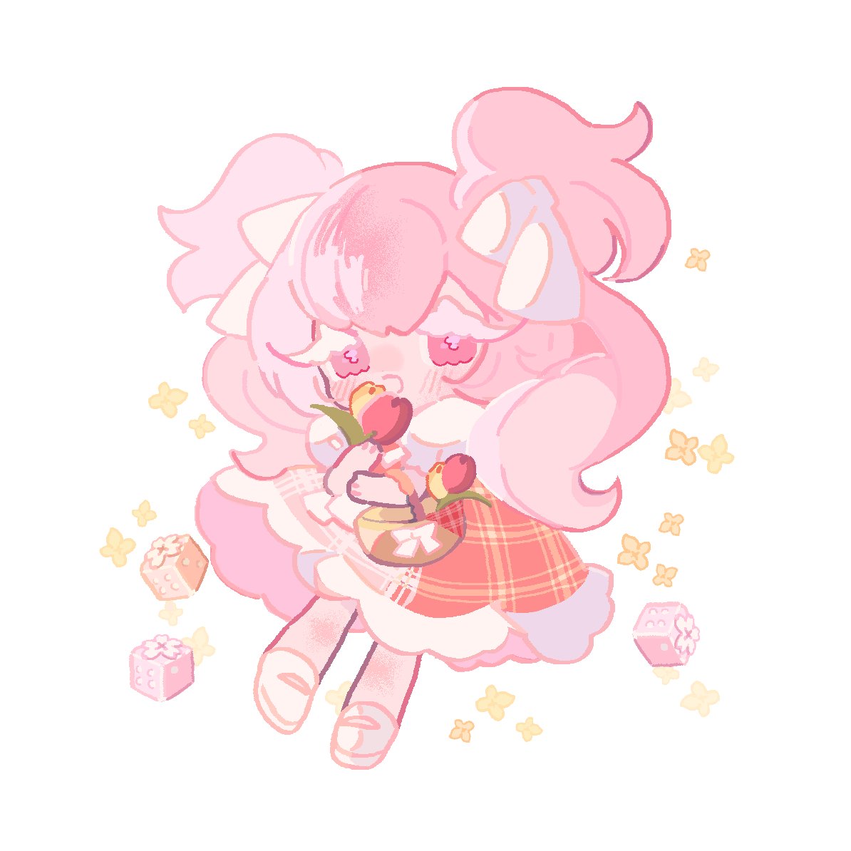reed, cherry blossom cookie, cookie run, cookie run: kingdom, commentary, symbol-only commentary, 1girl, :d, basket, big hair, blush, bow, cherry blossom cookie (picnic season), chibi, chibi only, colored eyelashes, dice, elbow carry, flower, full body, fur-trimmed skirt, fur trim, hair between eyes, hair bow, holding, holding basket, holding flower, humanization, long hair, mary janes, medium skirt, official alternate costume, official alternate hairstyle, open mouth, pigeon-toed, pink eyes, pink hair, plaid clothes, plaid skirt, red flower, red skirt, red tulip, shirt, shoes, short sleeves, simple background, skirt, smile, solo, tulip, two side up, very long hair, white background, white bow, white eyelashes, white shirt, white shoes, yellow flower, yellow tulip