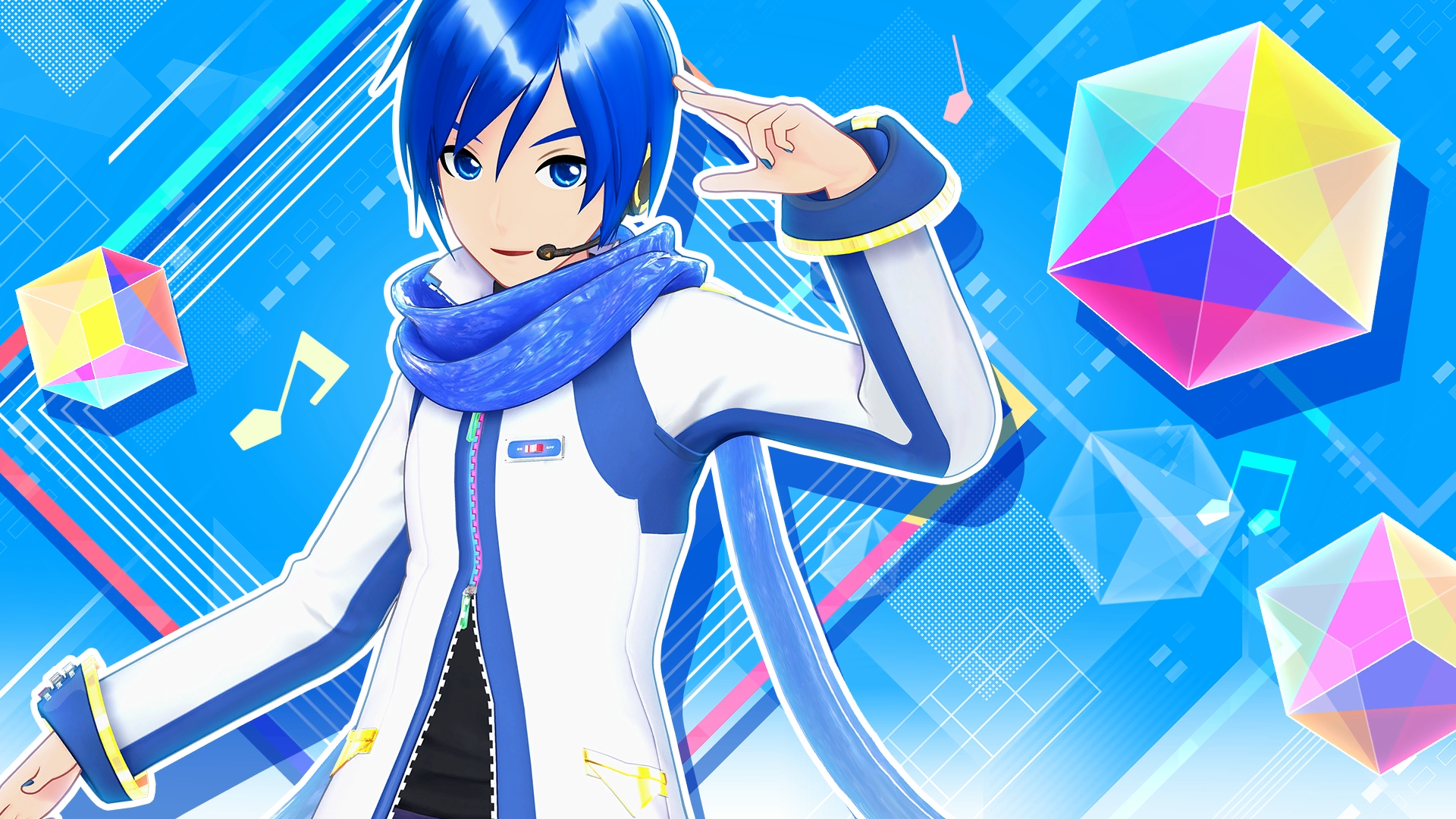 kaito (vocaloid), kaito (vocaloid3), project diva (series), vocaloid, game cg, highres, non-web source, official art, 1boy, 3d, blue background, blue eyes, blue hair, blue nails, blue scarf, curled fingers, hand up, headphones, headset, light smile, looking at viewer, male focus, musical note, open mouth, project diva mega39's, scarf, short hair