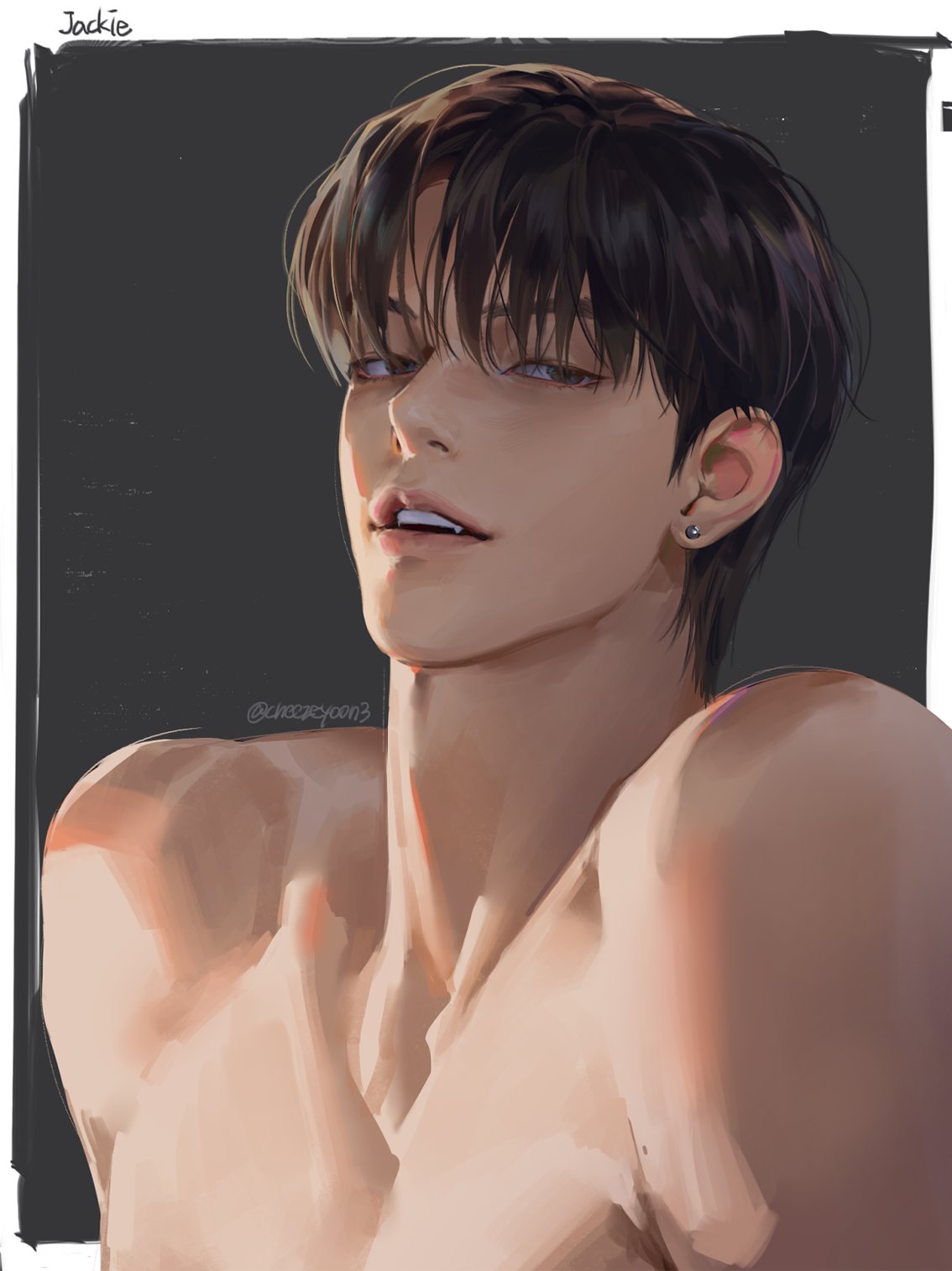 cheezeyoon3, character request, copyright request, highres, 1boy, black hair, border, collarbone, earrings, jewelry, lips, male focus, nose, nude, open mouth, outside border, short hair, solo, teeth, twitter username, upper body, upper teeth only, white border