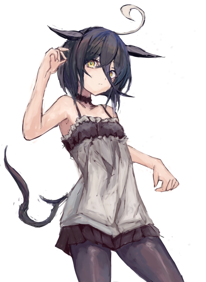 yanagi wakana, manhattan cafe (umamusume), umamusume, 1girl, ahoge, animal ears, bare shoulders, black choker, black hair, black pantyhose, black skirt, camisole, choker, collarbone, hair between eyes, horse ears, horse girl, horse tail, long bangs, looking at viewer, multicolored hair, pantyhose, short hair, simple background, skirt, solo, tail, white background, white camisole, white hair, yellow eyes