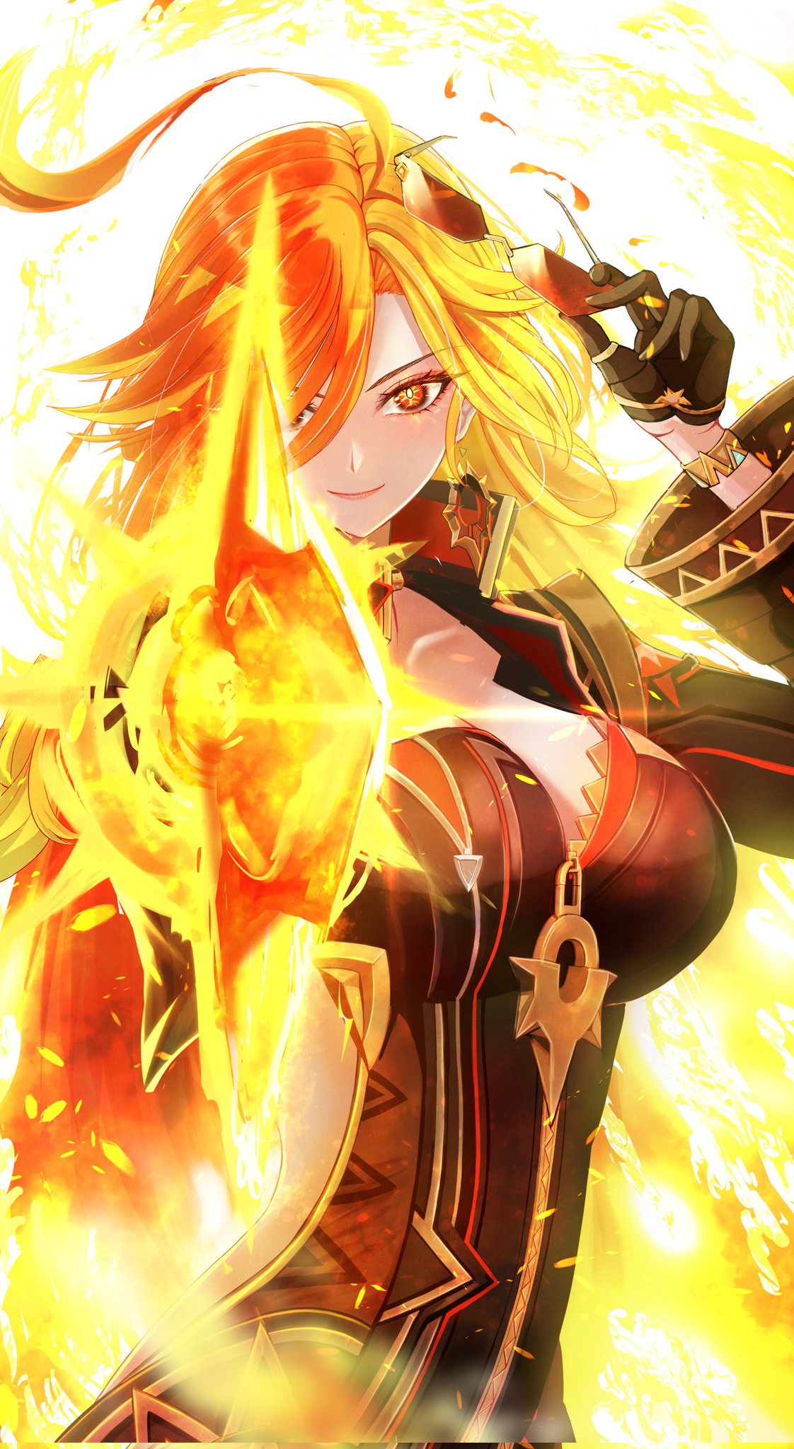 penguintake, mavuika (genshin impact), genshin impact, commentary request, highres, 1girl, a thousand blazing suns (genshin impact), ahoge, biker clothes, bikesuit, black bodysuit, black gloves, bodysuit, breasts, cleavage, closed mouth, clothing cutout, earrings, fire, gloves, half gloves, holding, holding removed eyewear, holding sword, holding weapon, huge ahoge, jewelry, large breasts, long hair, looking at viewer, orange eyes, orange hair, orange pupils, partially unzipped, pointing, pointing at viewer, pointing melee weapon, pointing sword, smile, solo, strapless bodysuit, sun earrings, sword, symbol in eye, unworn eyewear, upper body, very long hair, weapon, white background, wide sleeves, zipper, zipper pull tab