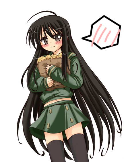 shana, shakugan no shana, non-web source, 00s, bag, black eyes, black hair, blush, bread, brown eyes, food, long hair, melon bread, paper bag, school uniform, serafuku, solo, thighhighs, very long hair, zettai ryouiki
