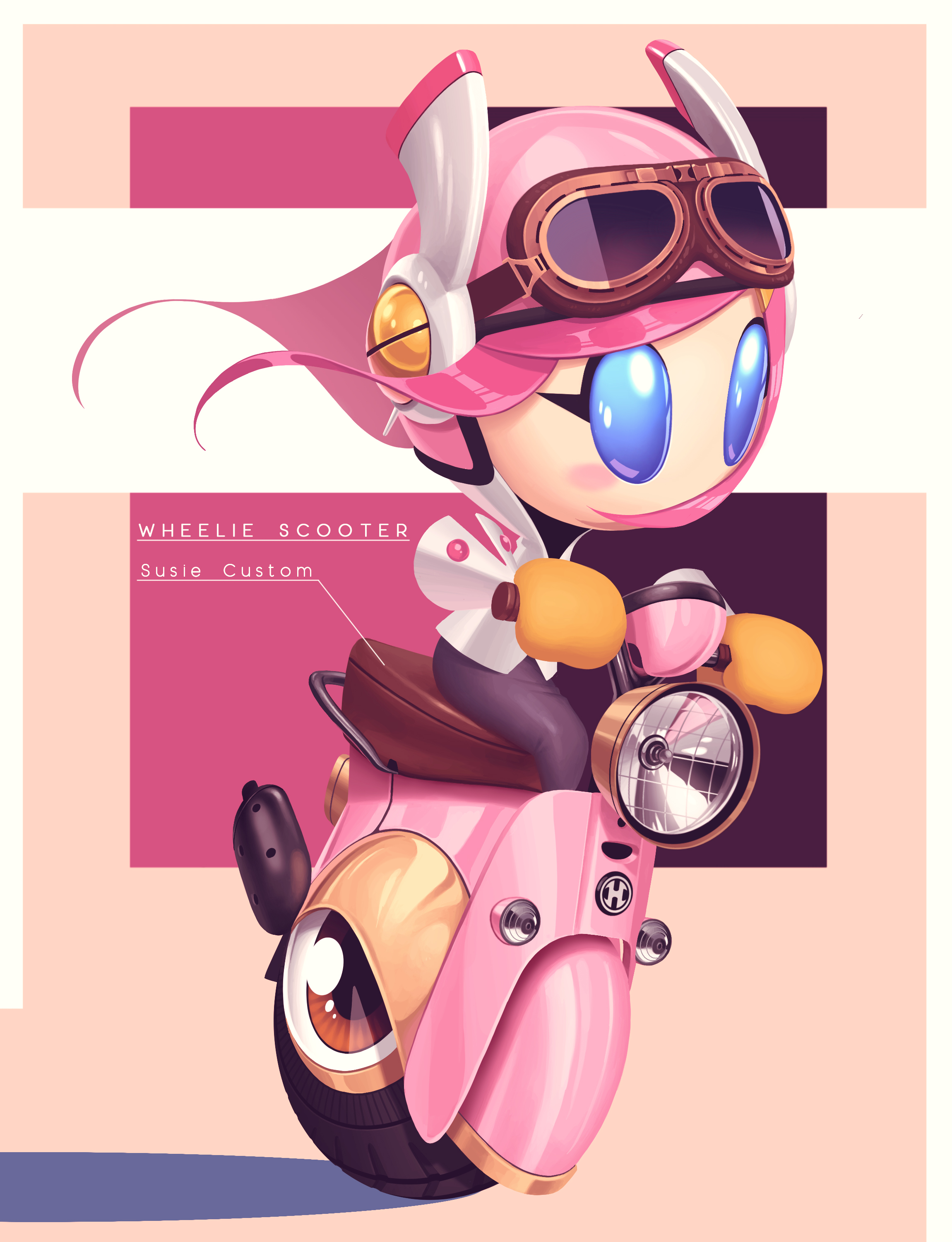 5health, susie (kirby), wheelie (kirby), kirby: planet robobot, kirby (series), kirby air ride, kirby air riders, nintendo, absurdres, highres, 1girl, 2025, black skirt, blue eyes, blush stickers, character name, exhaust, female focus, floating hair, gloves, goggles, goggles on head, helmet, logo, motor vehicle, motorcycle helmet, one-eyed, pink background, pink hair, riding, robot, shadow, simple background, sitting, skirt, solo, straight hair, wheel, yellow gloves