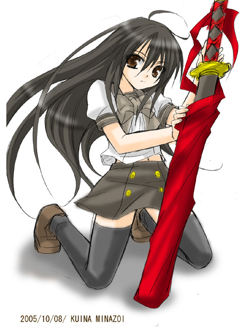 shana, shakugan no shana, non-web source, 00s, black eyes, black hair, brown eyes, kneeling, long hair, school uniform, serafuku, solo, sword, thighhighs, very long hair, weapon, zettai ryouiki