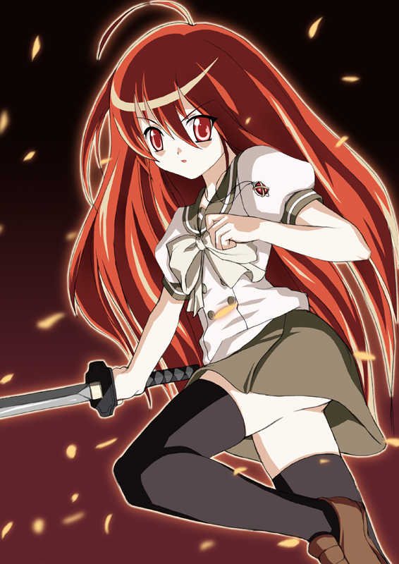 shana, shakugan no shana, 00s, red eyes, red hair, school uniform, serafuku, sword, thighhighs, weapon